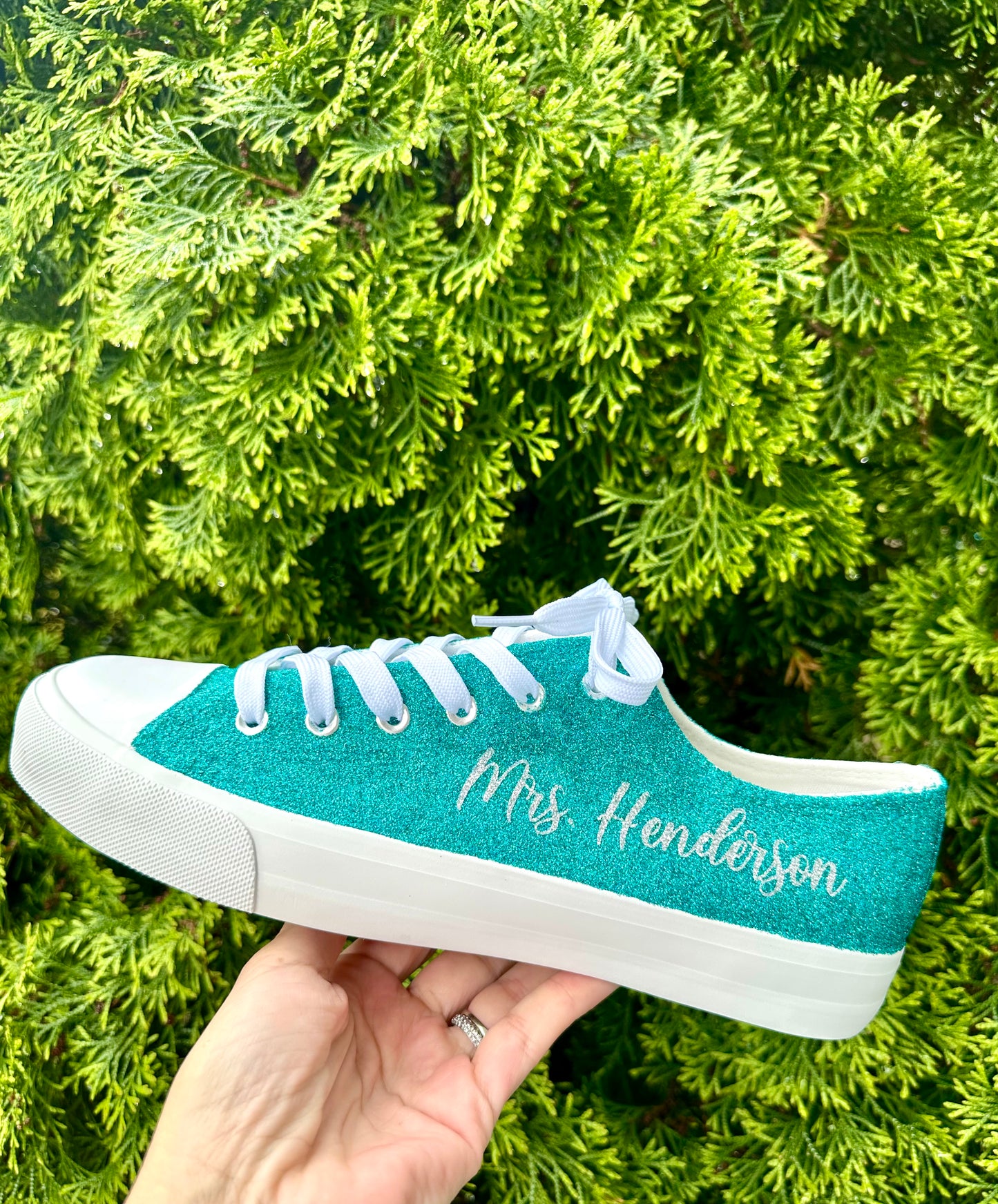 Personalized Teal Aqua Blue Green Glitter Sneakers with Silver Personalization