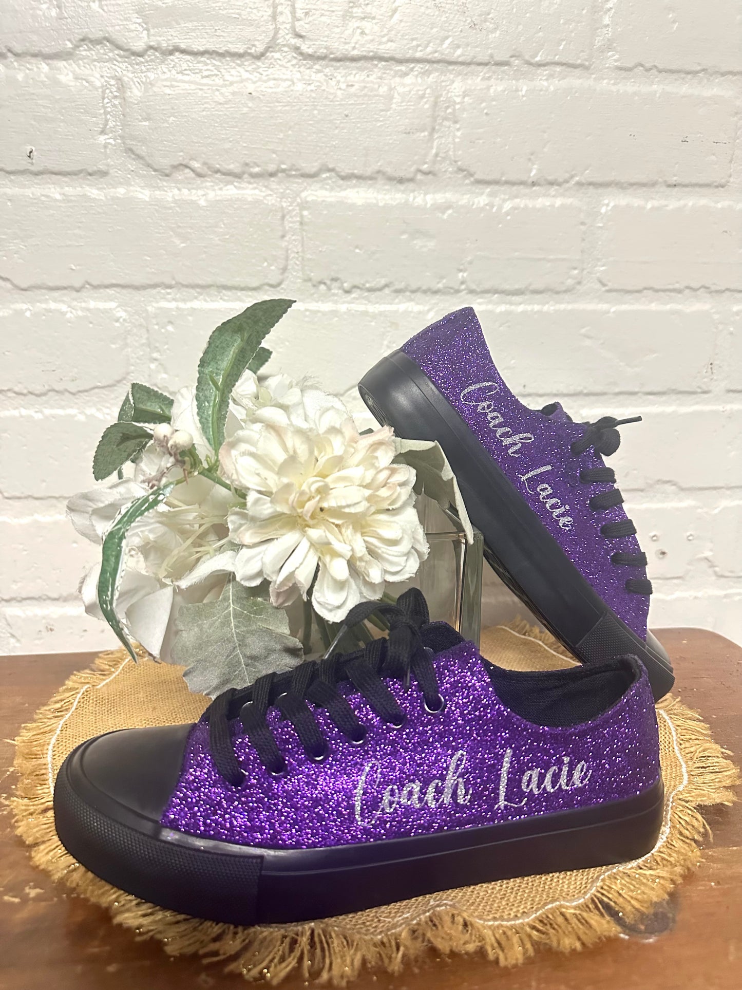 Black Personalized Plum Purple Glitter Sneakers