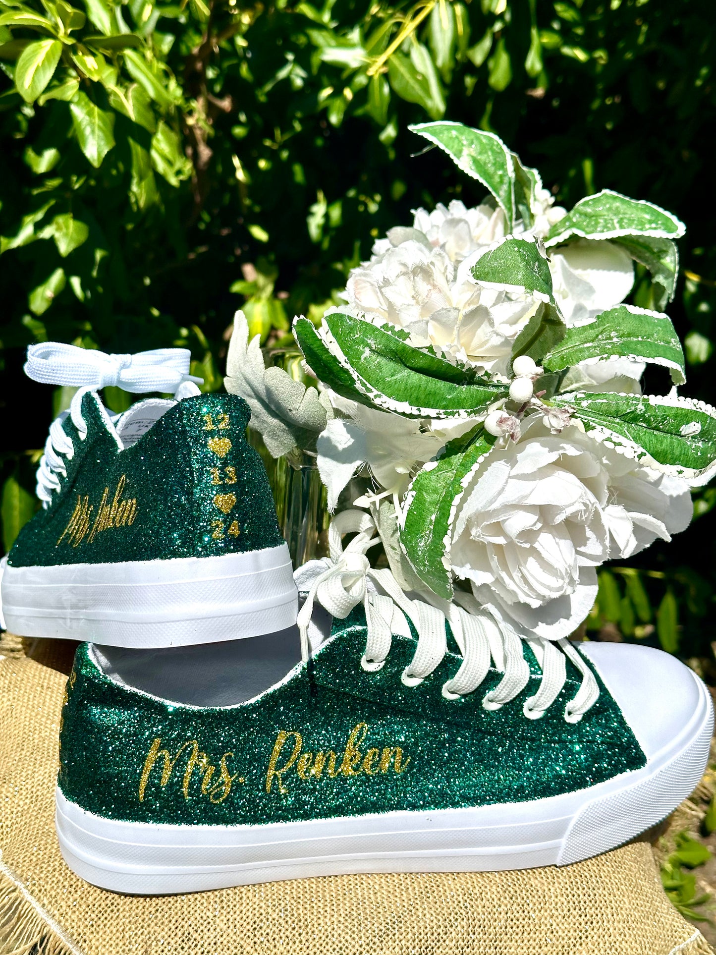 Hunter Green Glitter Wedding Sneakers with Gold Glitter Personalization