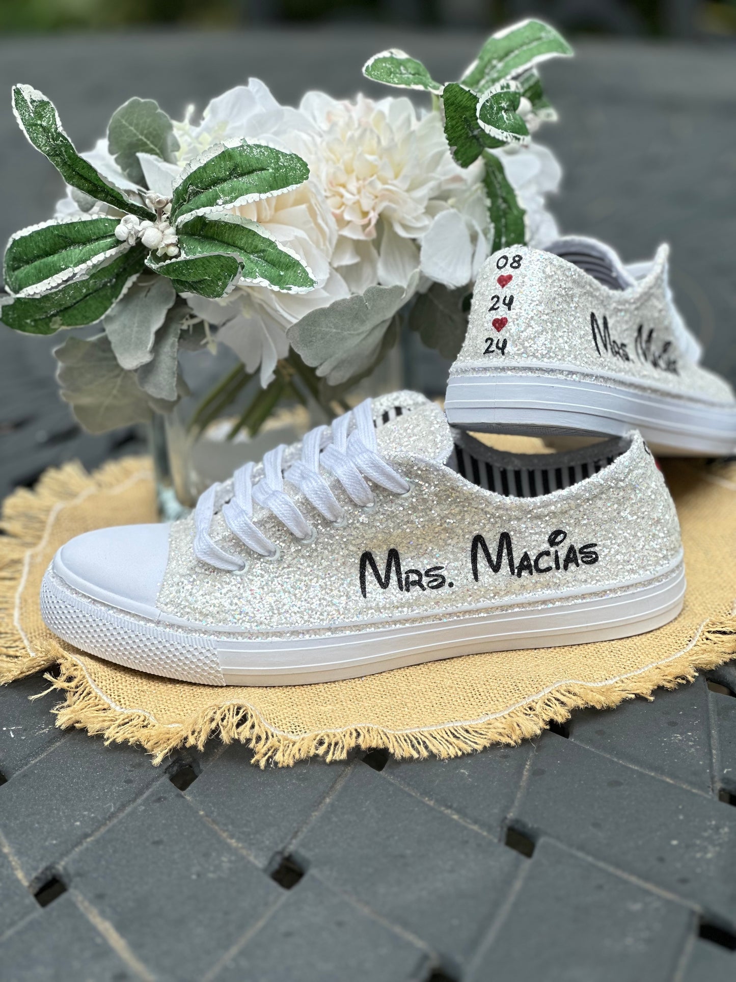 Personalized White Glitter Bride Sneakers with Black Mouse Inspired Writing