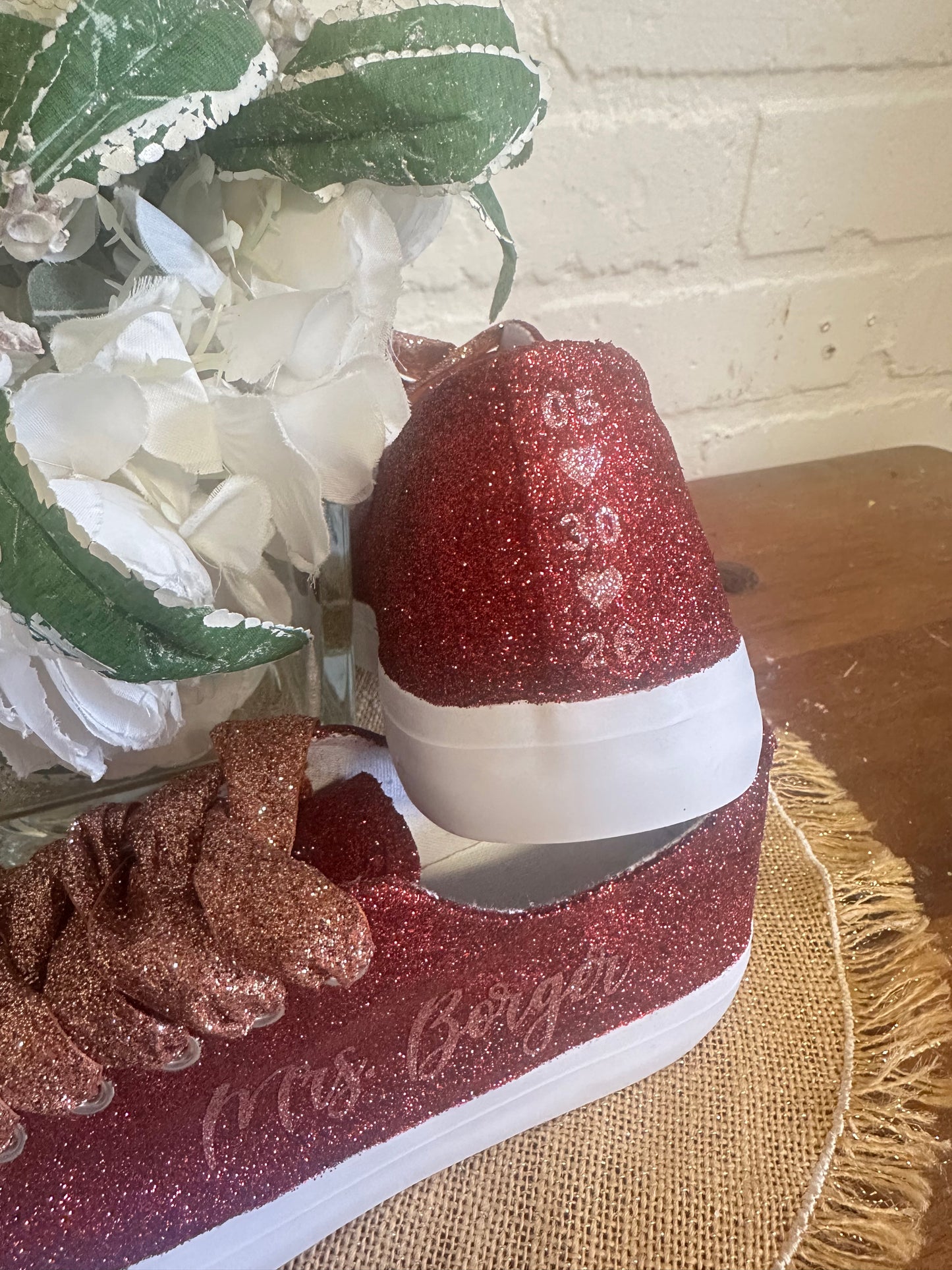 Burgundy Maroon Glitter Sneakers with Rose Gold Personalization