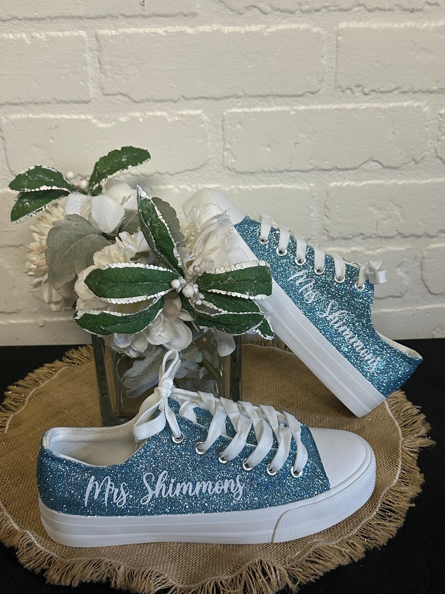 Personalized Light Blue Glitter Sneakers for Bride