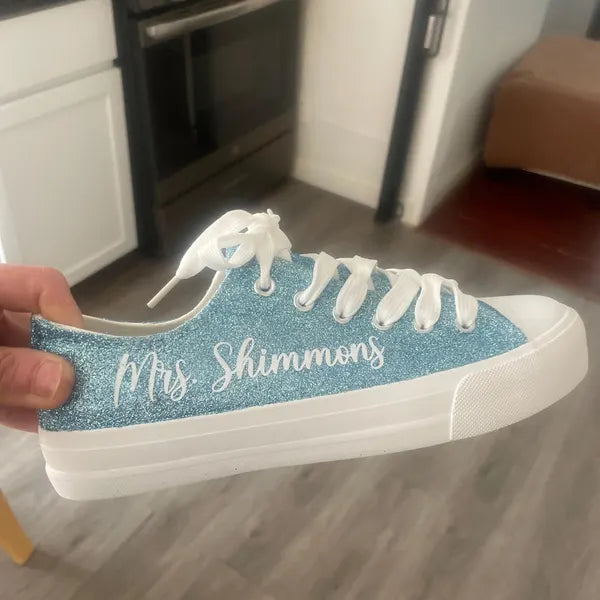 Personalized Light Blue Glitter Sneakers for Bride