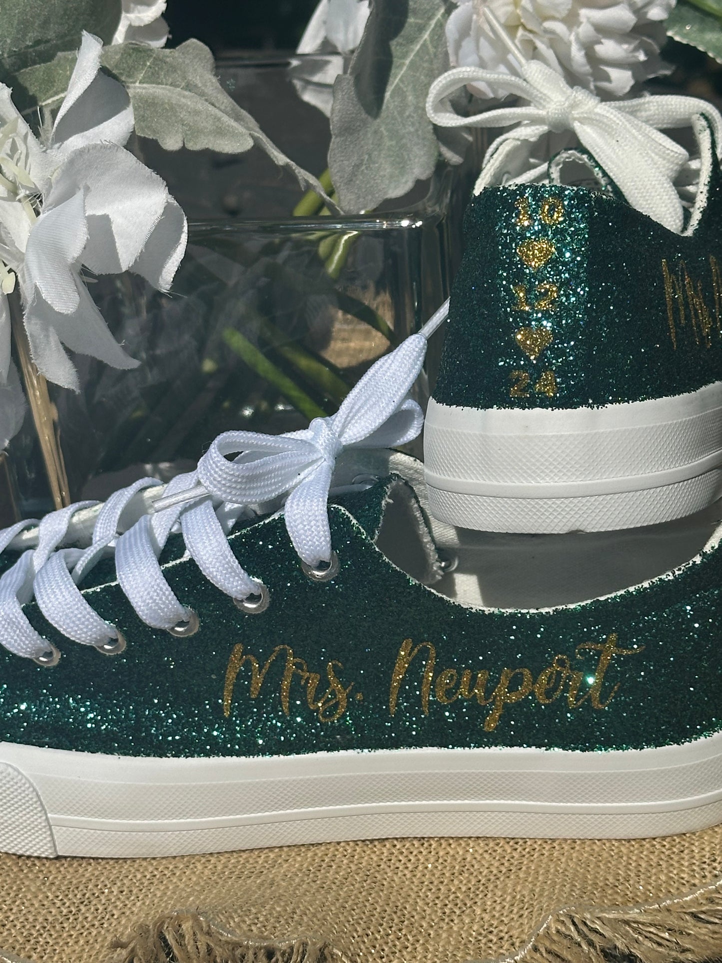 Hunter Green Glitter Wedding Sneakers with Gold Glitter Personalization