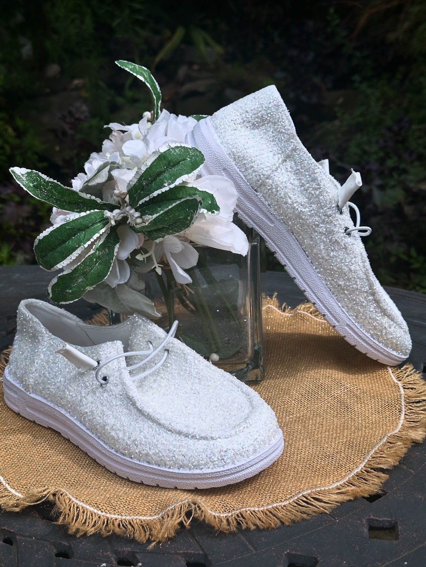 White Glitter Slip On Shoes