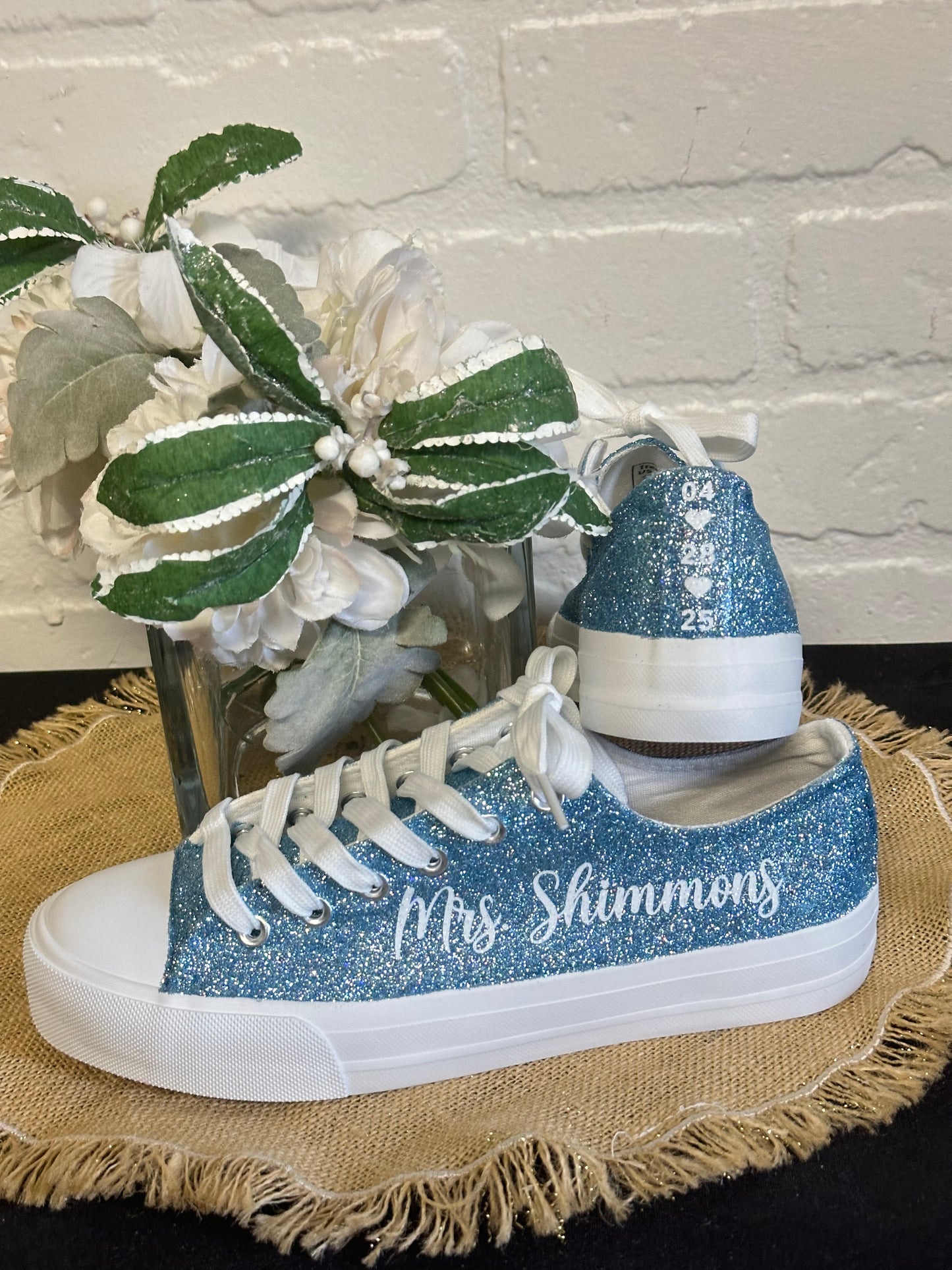 Personalized Light Blue Glitter Sneakers for Bride