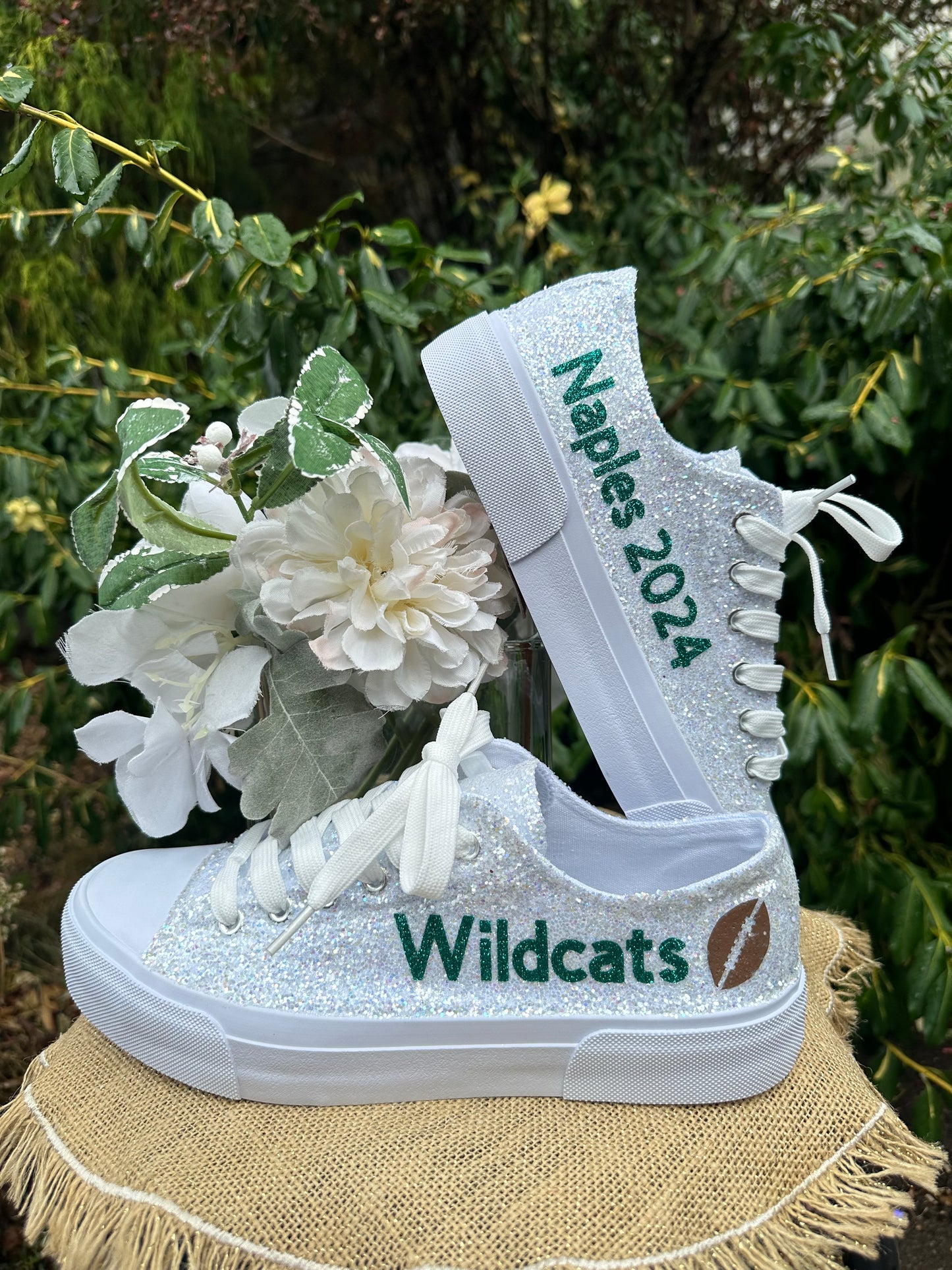 Personalized White Glitter Bride Sneakers with Emerald Green Writing