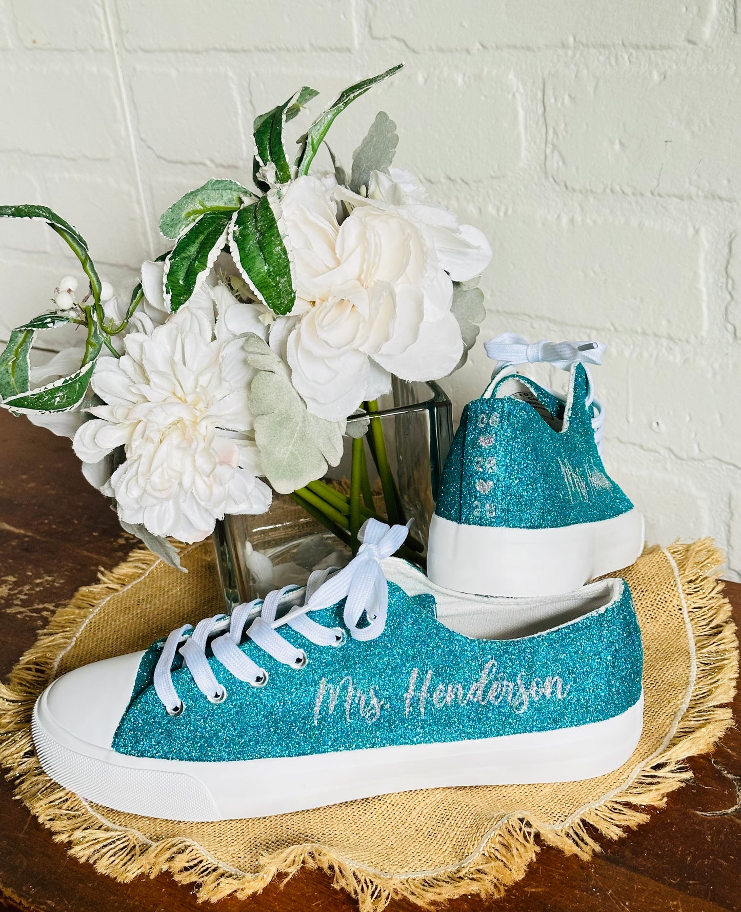 Personalized Teal Aqua Blue Green Glitter Sneakers with Silver Personalization