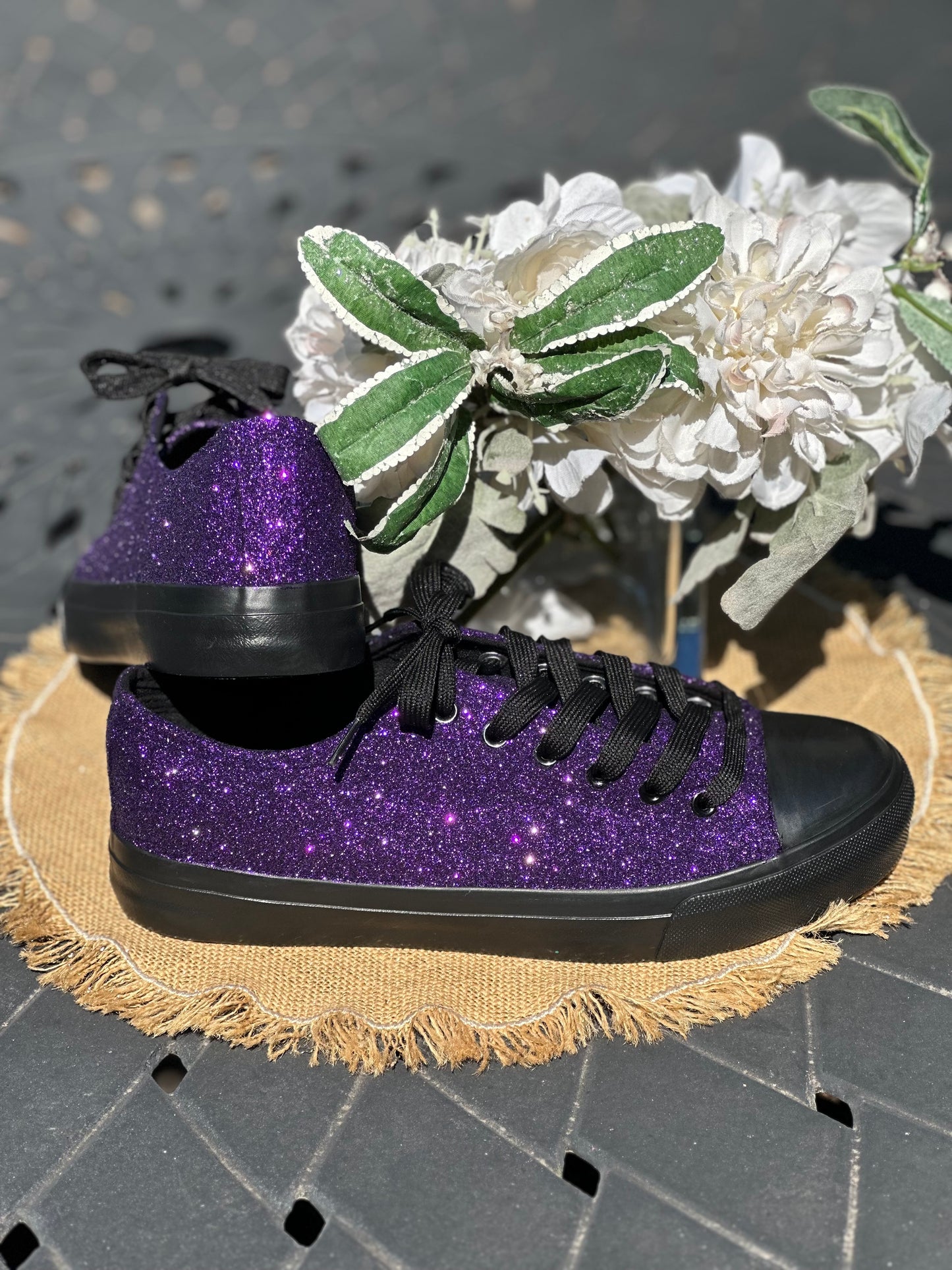 Plum Purple Glitter on Black Sneakers