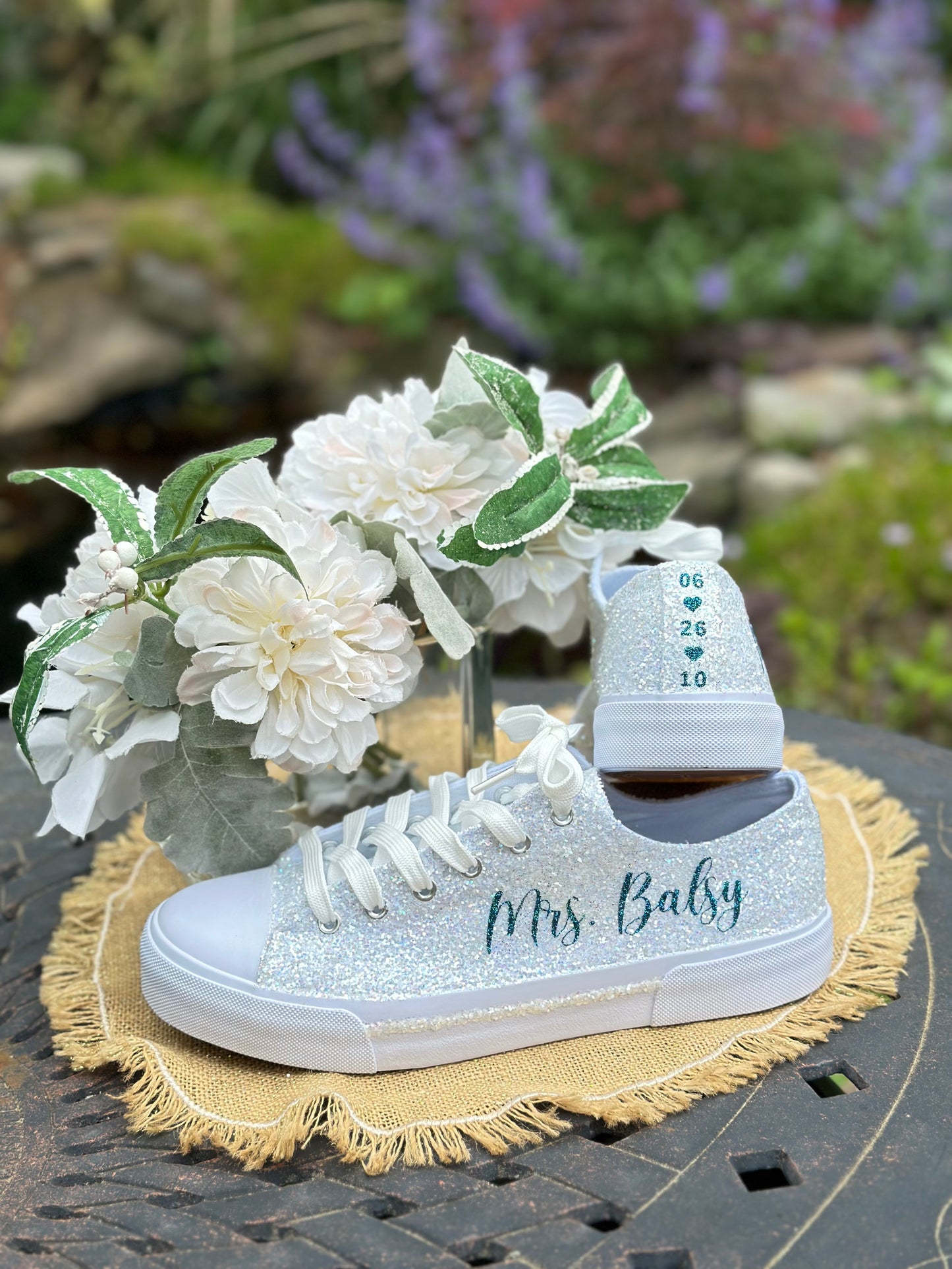 Teal Blue Personalized White Glitter Sneakers