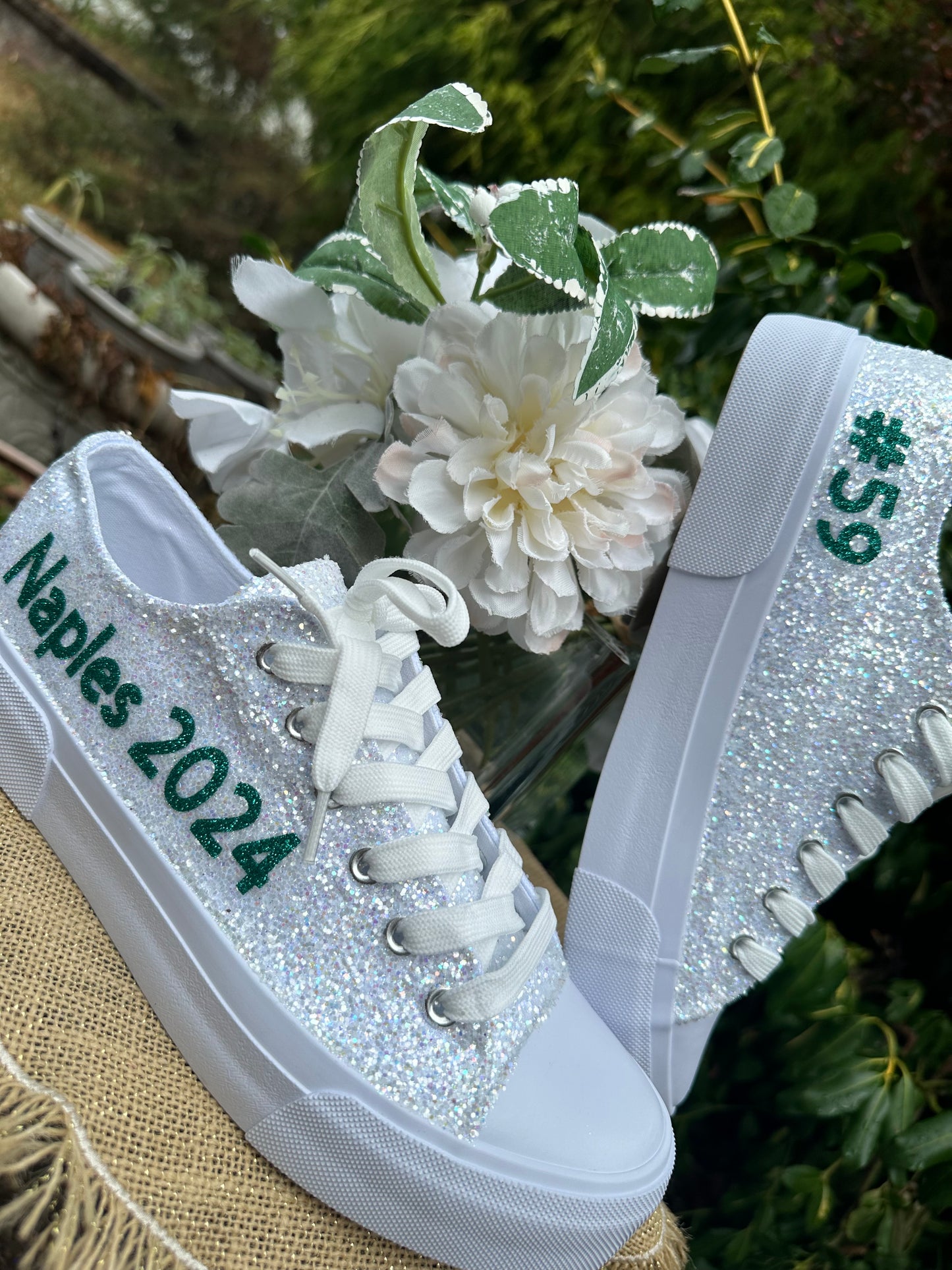 Personalized White Glitter Bride Sneakers with Emerald Green Writing