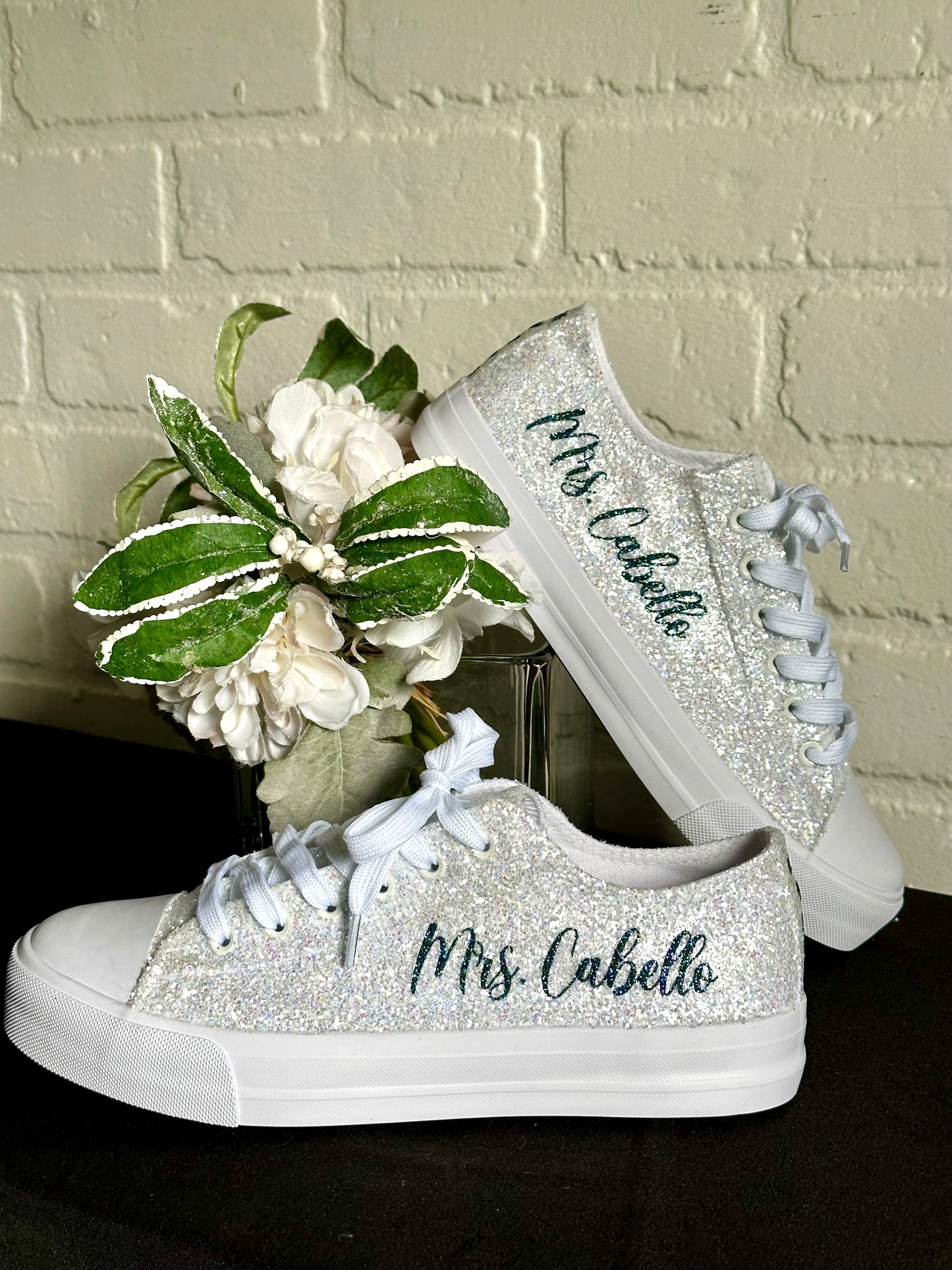 Teal Blue Personalized White Glitter Sneakers