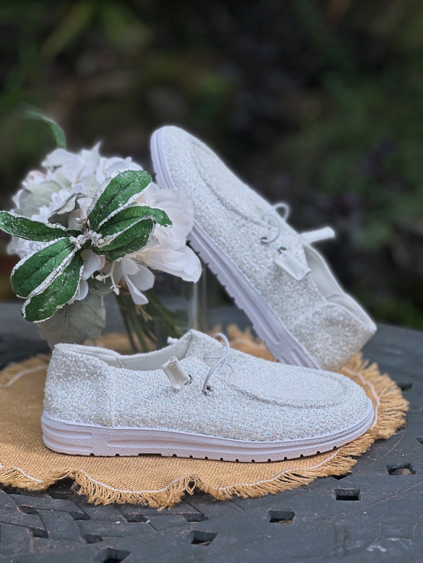 White Glitter Slip On Shoes