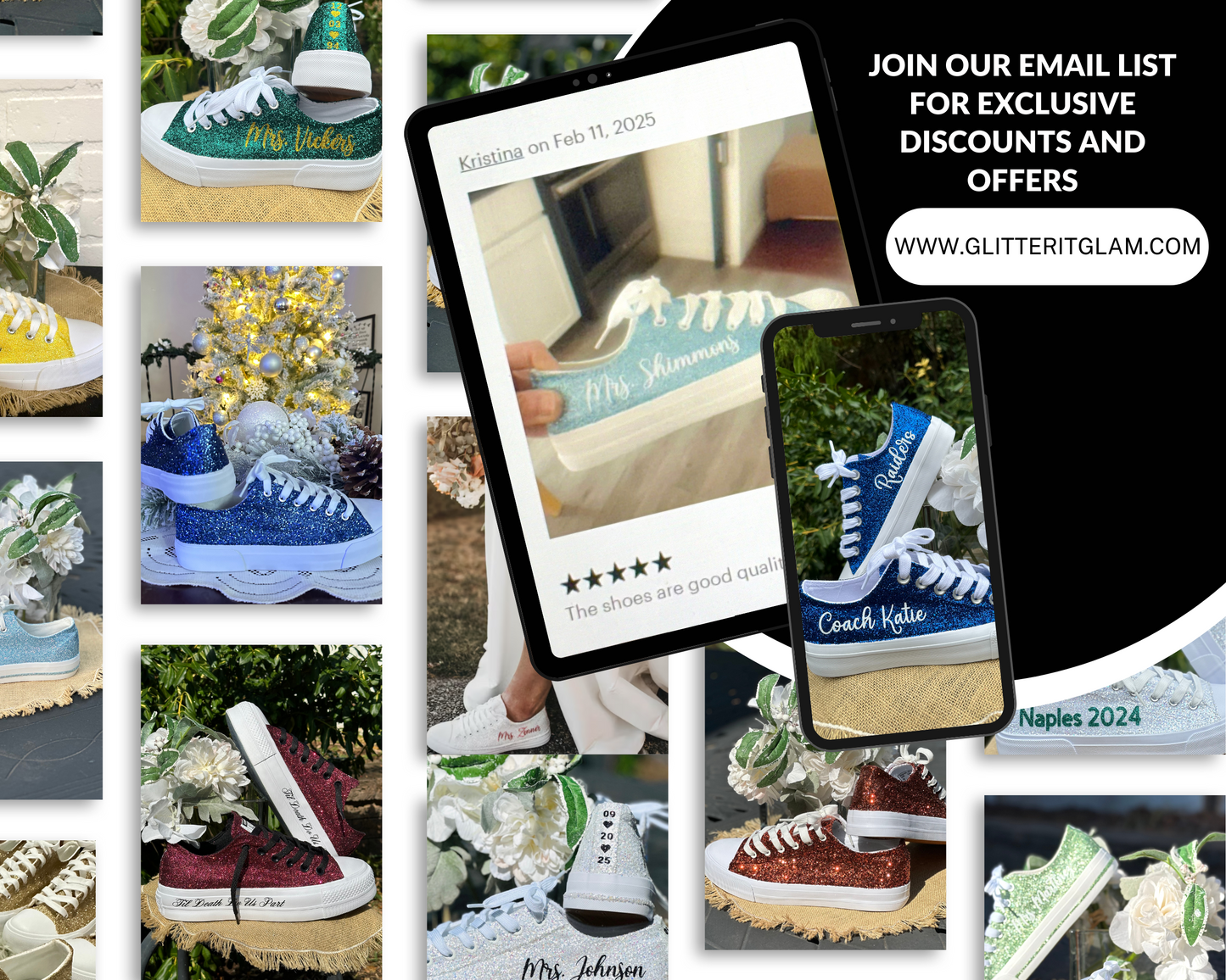 Personalized White and Rose Gold Glitter Bride Sneakers