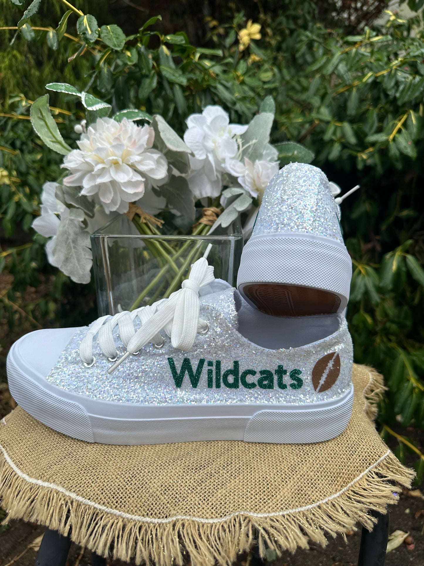 Personalized White Glitter Bride Sneakers with Emerald Green Writing