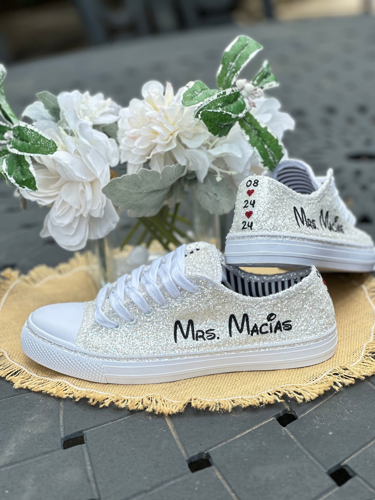 Personalized White Glitter Bride Sneakers with Black Mouse Inspired Writing
