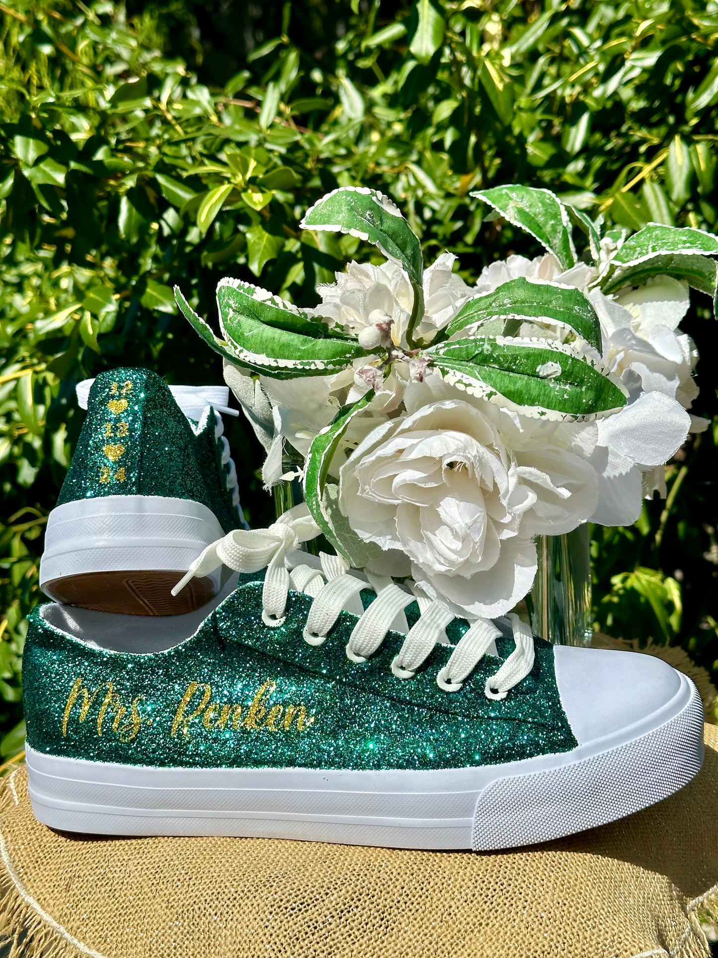 Hunter Green Glitter Wedding Sneakers with Gold Glitter Personalization