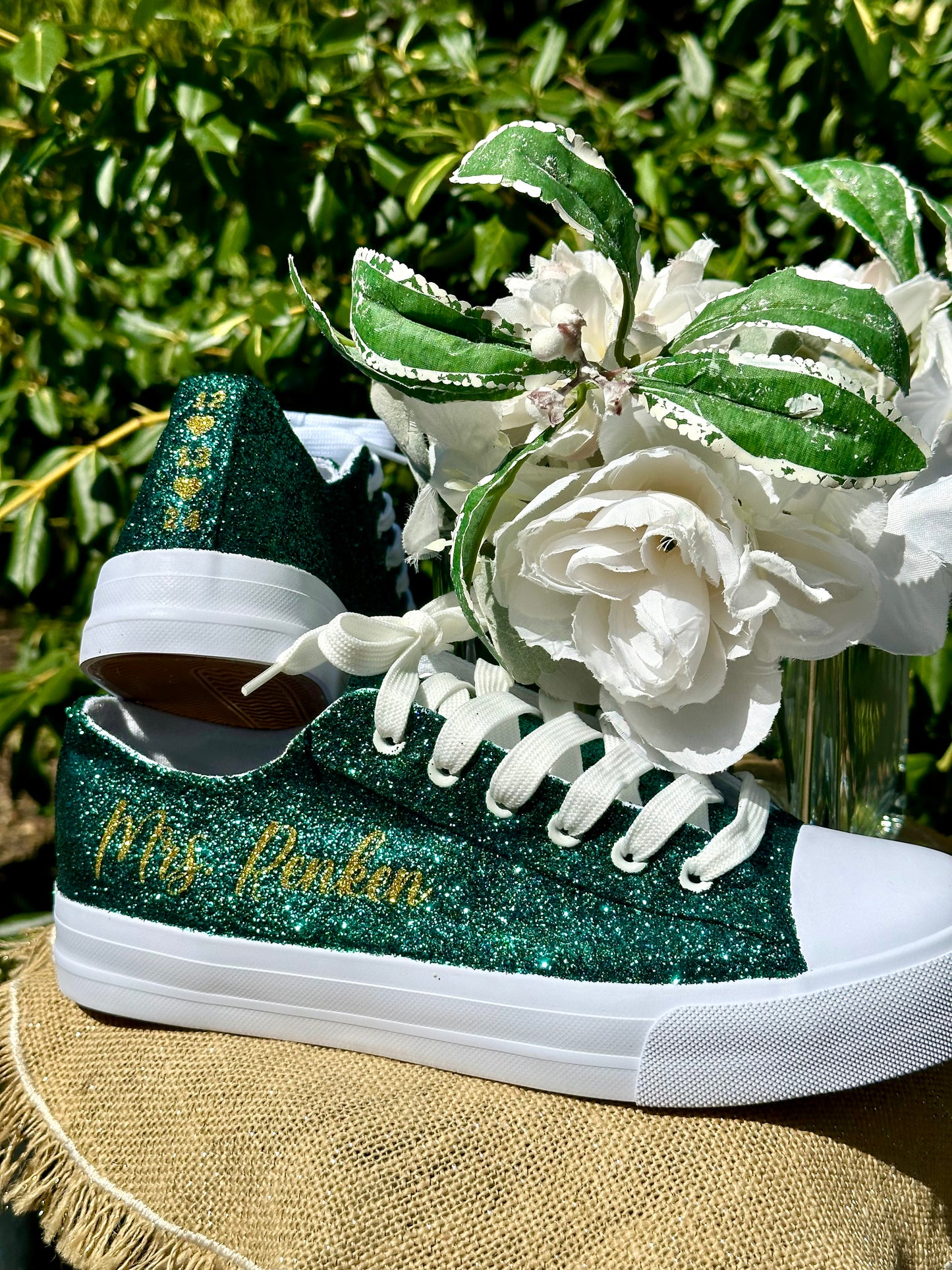 Hunter Green Glitter Wedding Sneakers with Gold Glitter Personalization