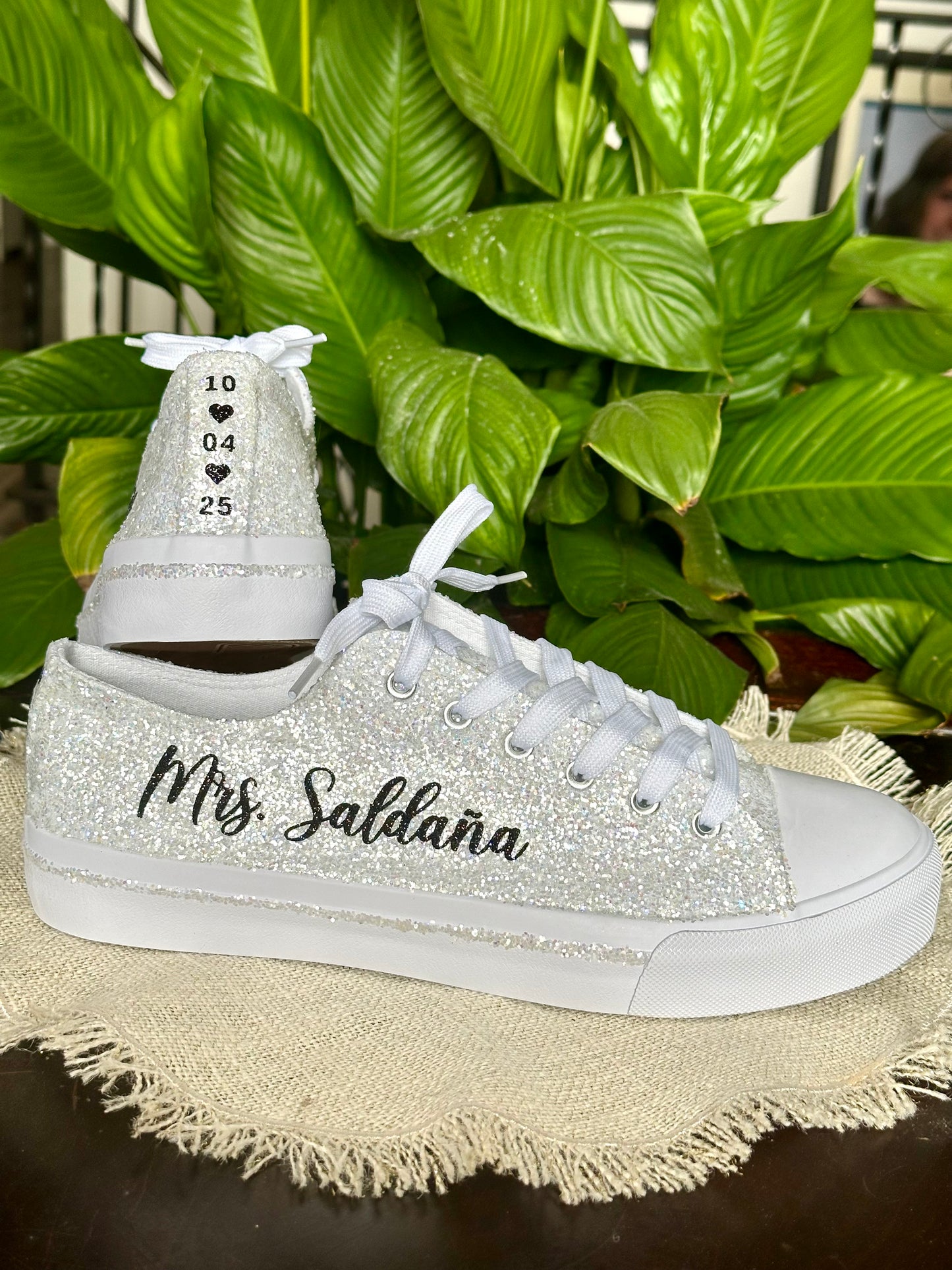 Personalized White Glitter Bride Sneakers with Black Writing