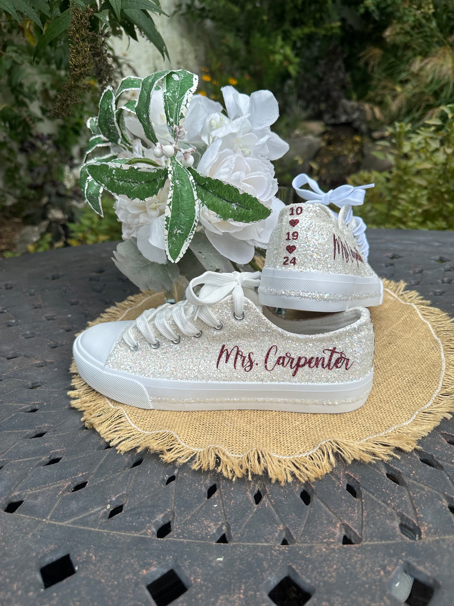 Personalized White Glitter Bride Sneakers with Burgundy Red Writing