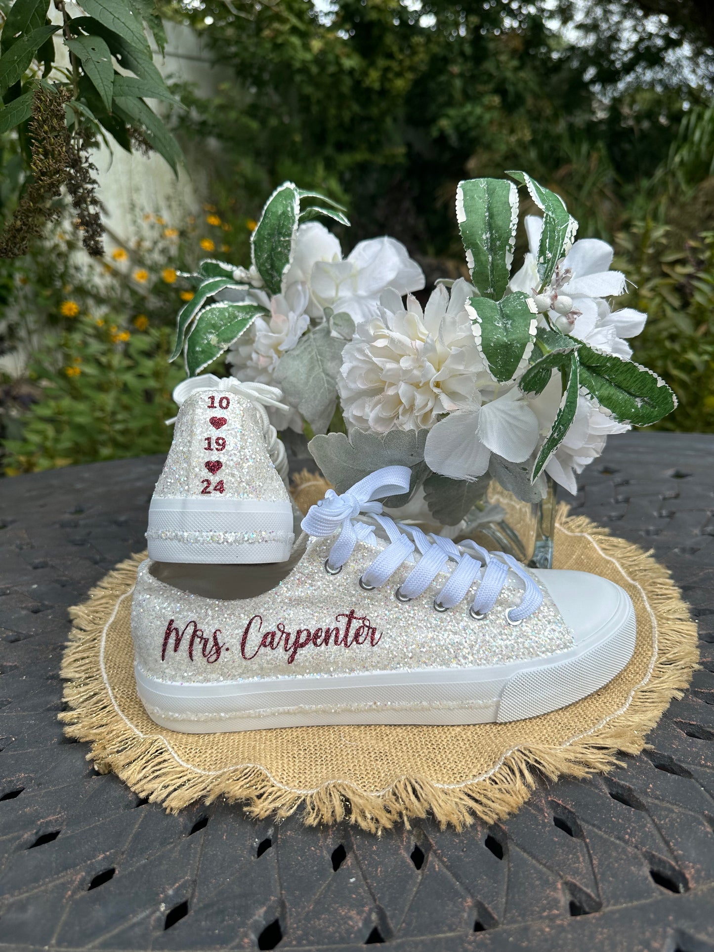 Personalized White Glitter Bride Sneakers with Burgundy Red Writing