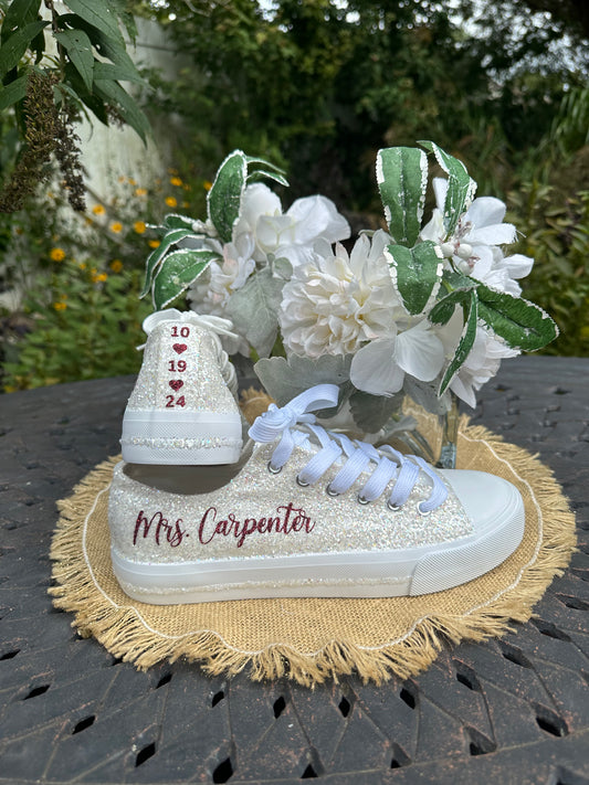 Personalized White Glitter Bride Sneakers with Burgundy Red Writing
