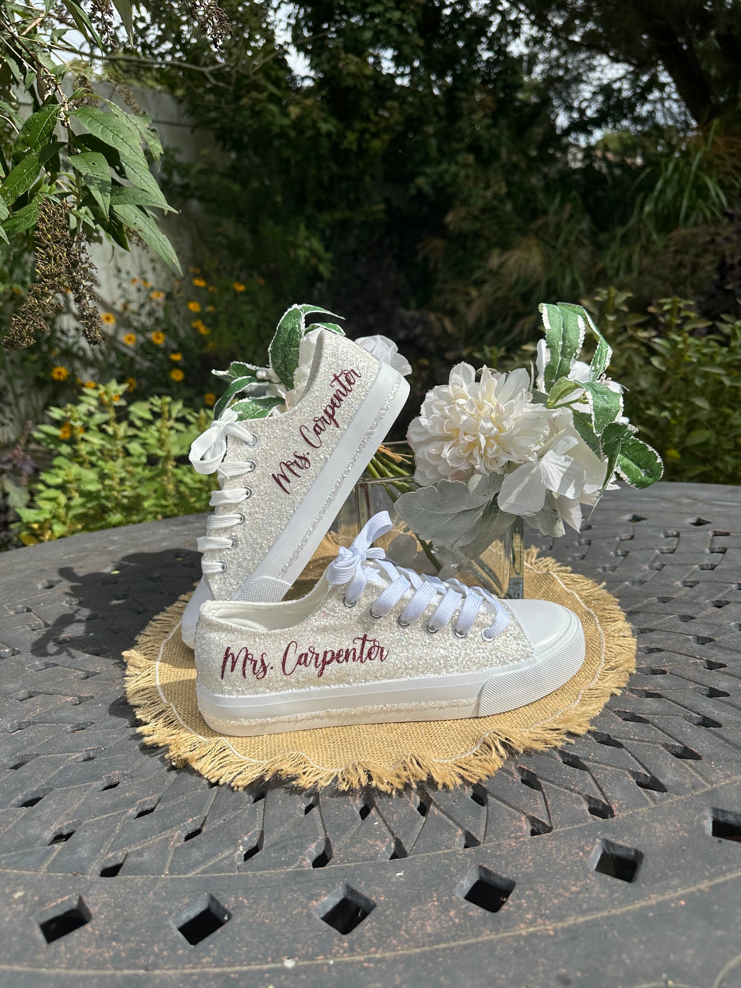 Personalized White Glitter Bride Sneakers with Burgundy Red Writing