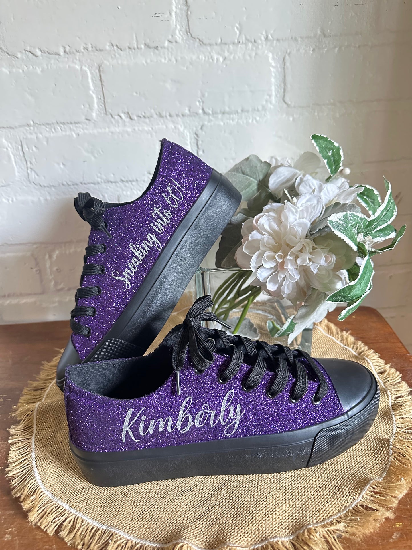 Black Personalized Plum Purple Glitter Sneakers