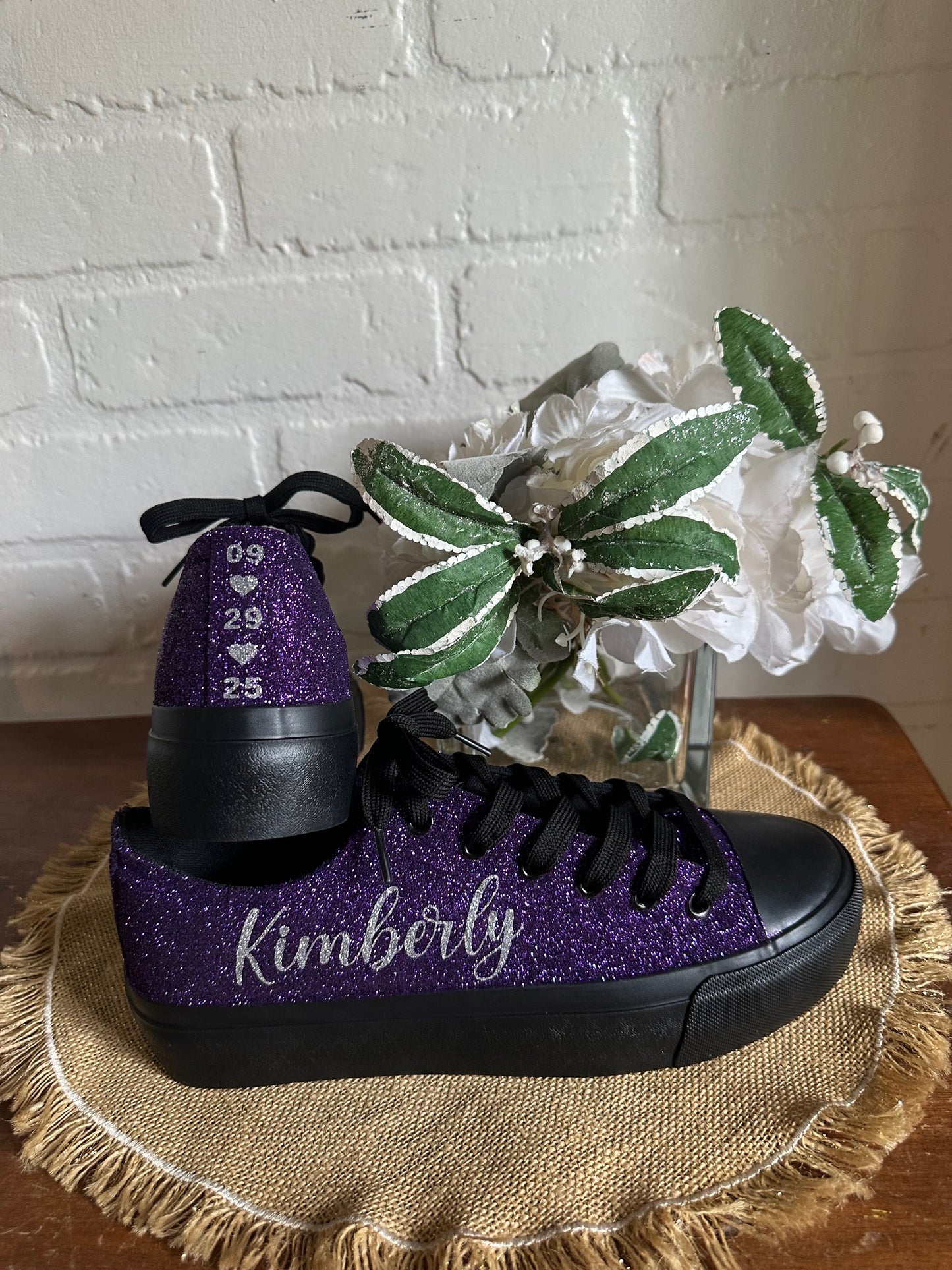 Black Personalized Plum Purple Glitter Sneakers