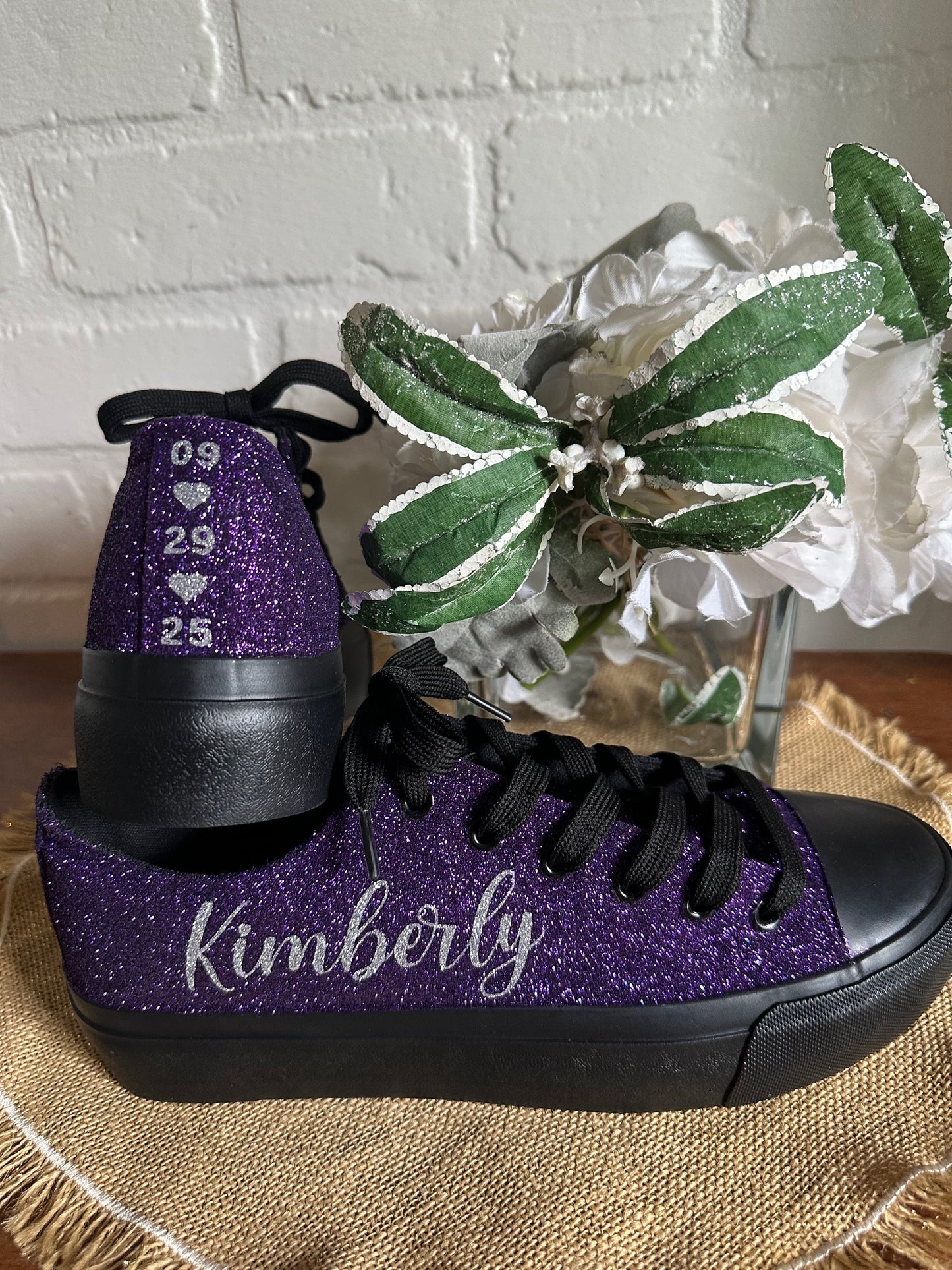 Black Personalized Plum Purple Glitter Sneakers