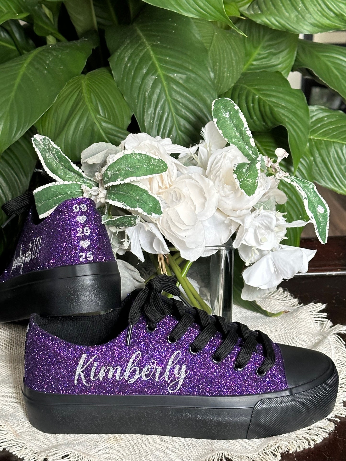 Black Personalized Plum Purple Glitter Sneakers