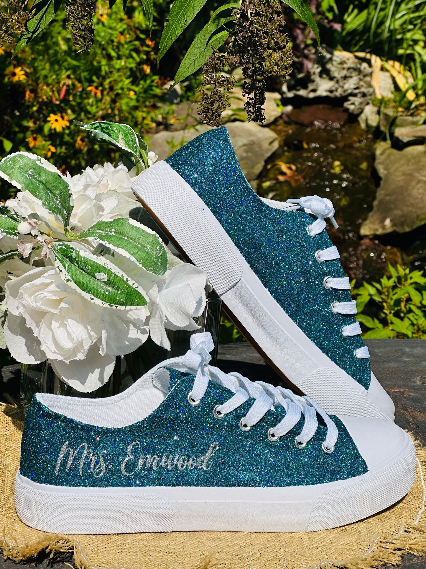Personalized Teal Aqua Blue Green Glitter Sneakers with Silver Personalization