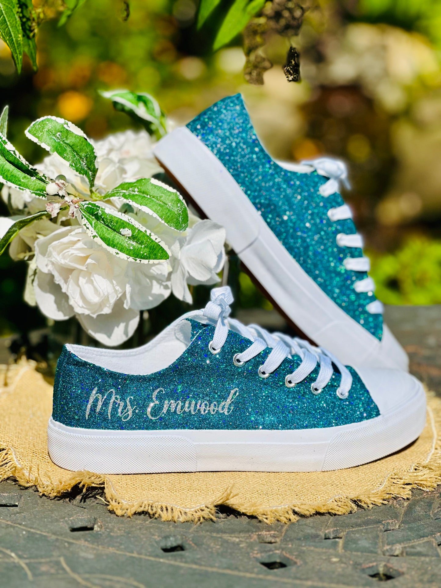 Personalized Teal Aqua Blue Green Glitter Sneakers with Silver Personalization