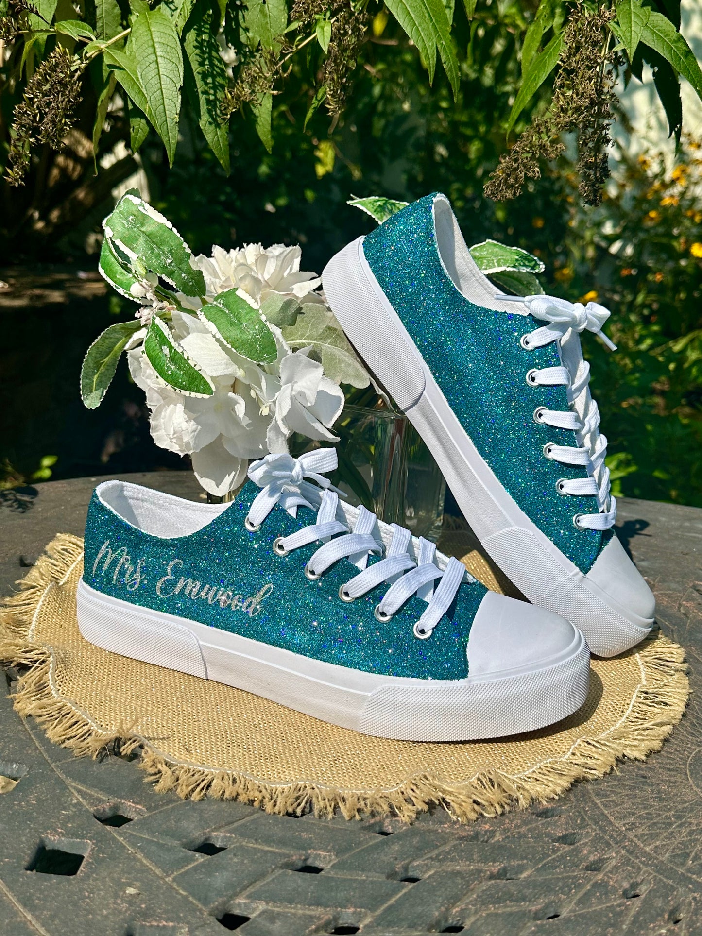 Personalized Teal Aqua Blue Green Glitter Sneakers with Silver Personalization