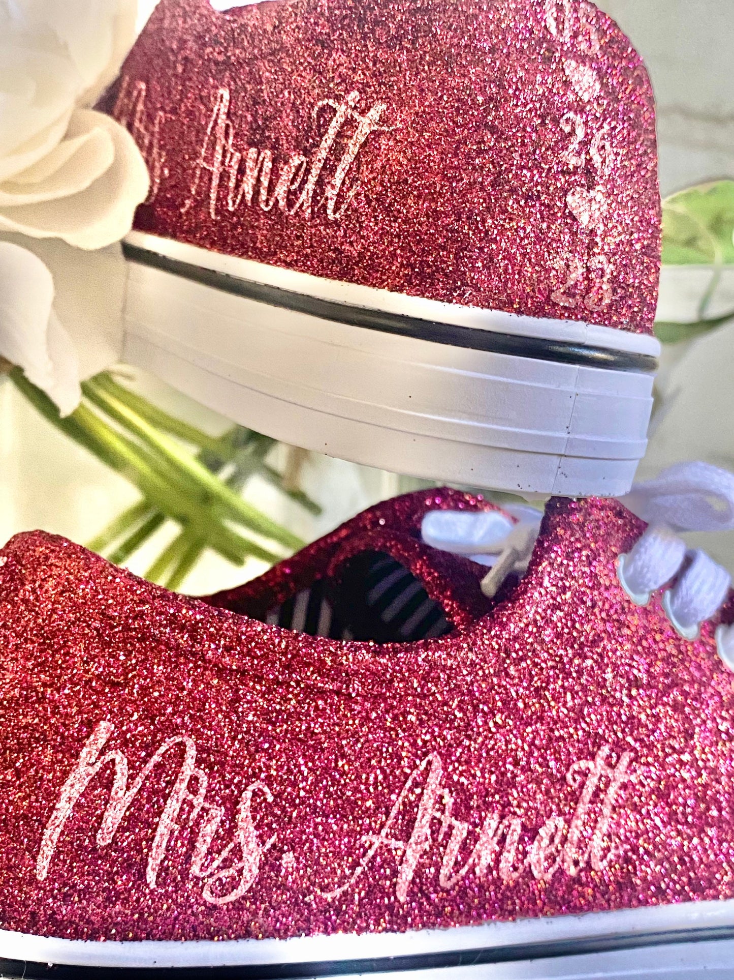 Burgundy Maroon Glitter Sneakers with Rose Gold Personalization