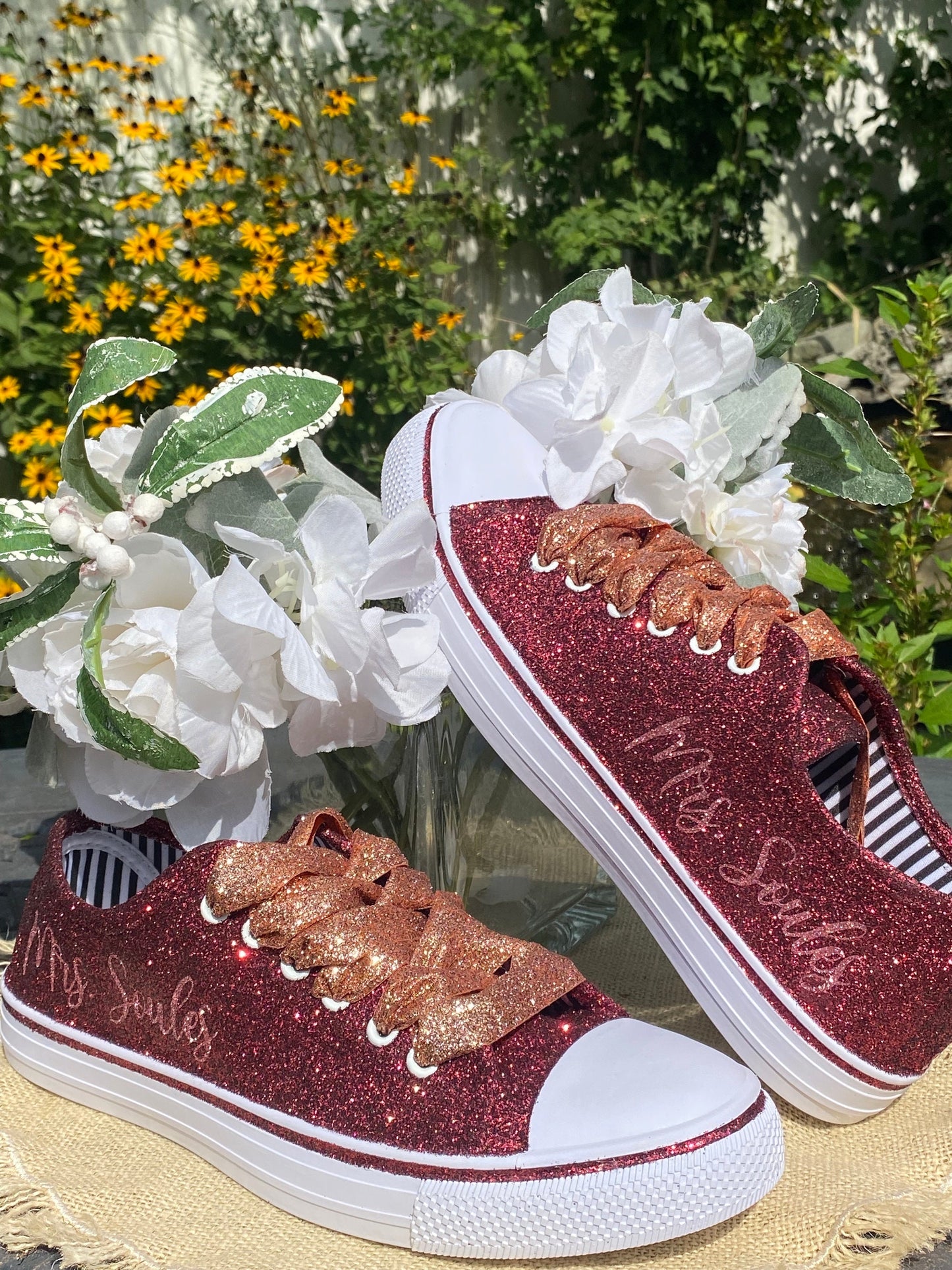 Burgundy Maroon Glitter Sneakers with Rose Gold Personalization