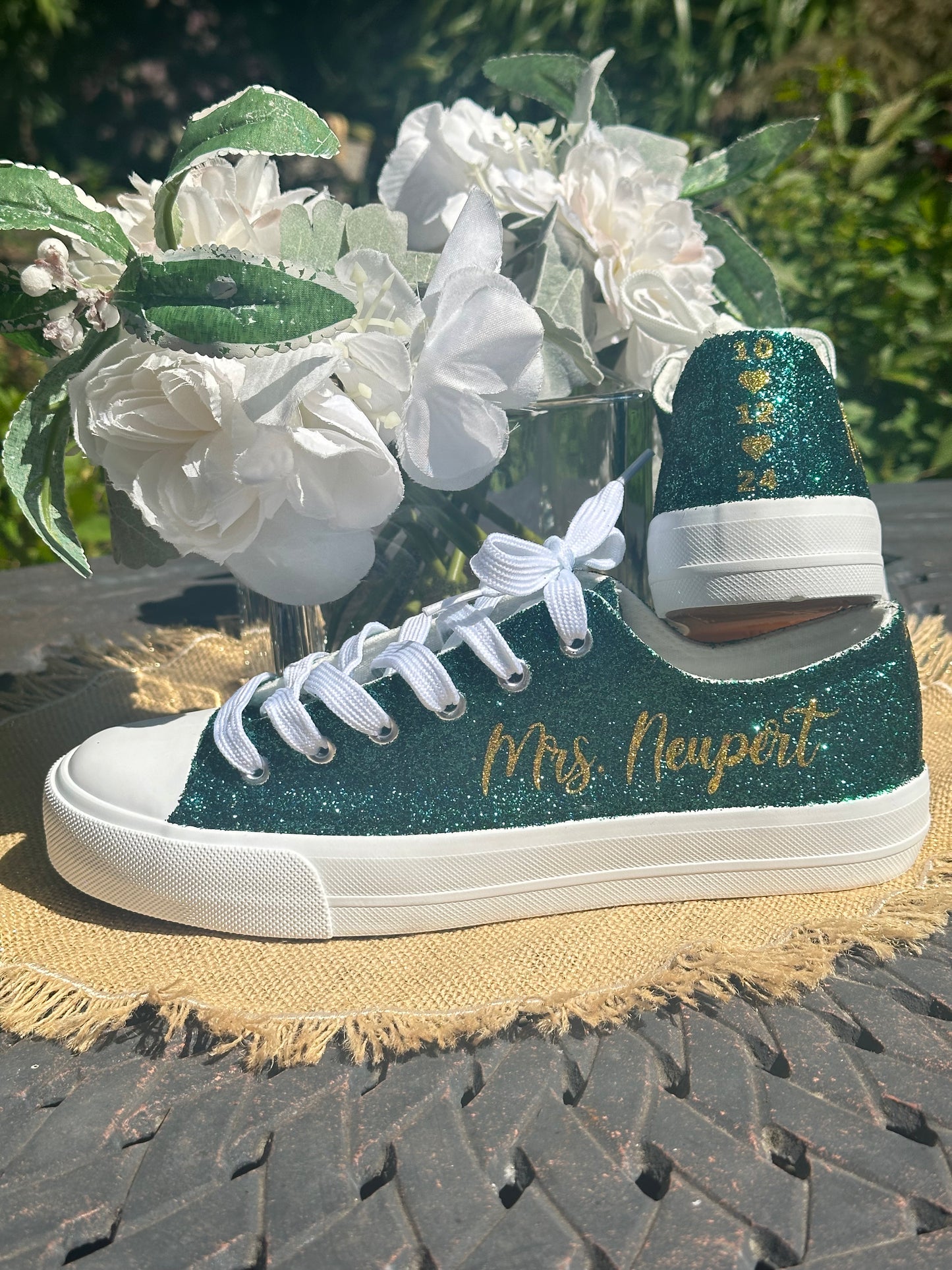 Hunter Green Glitter Wedding Sneakers with Gold Glitter Personalization