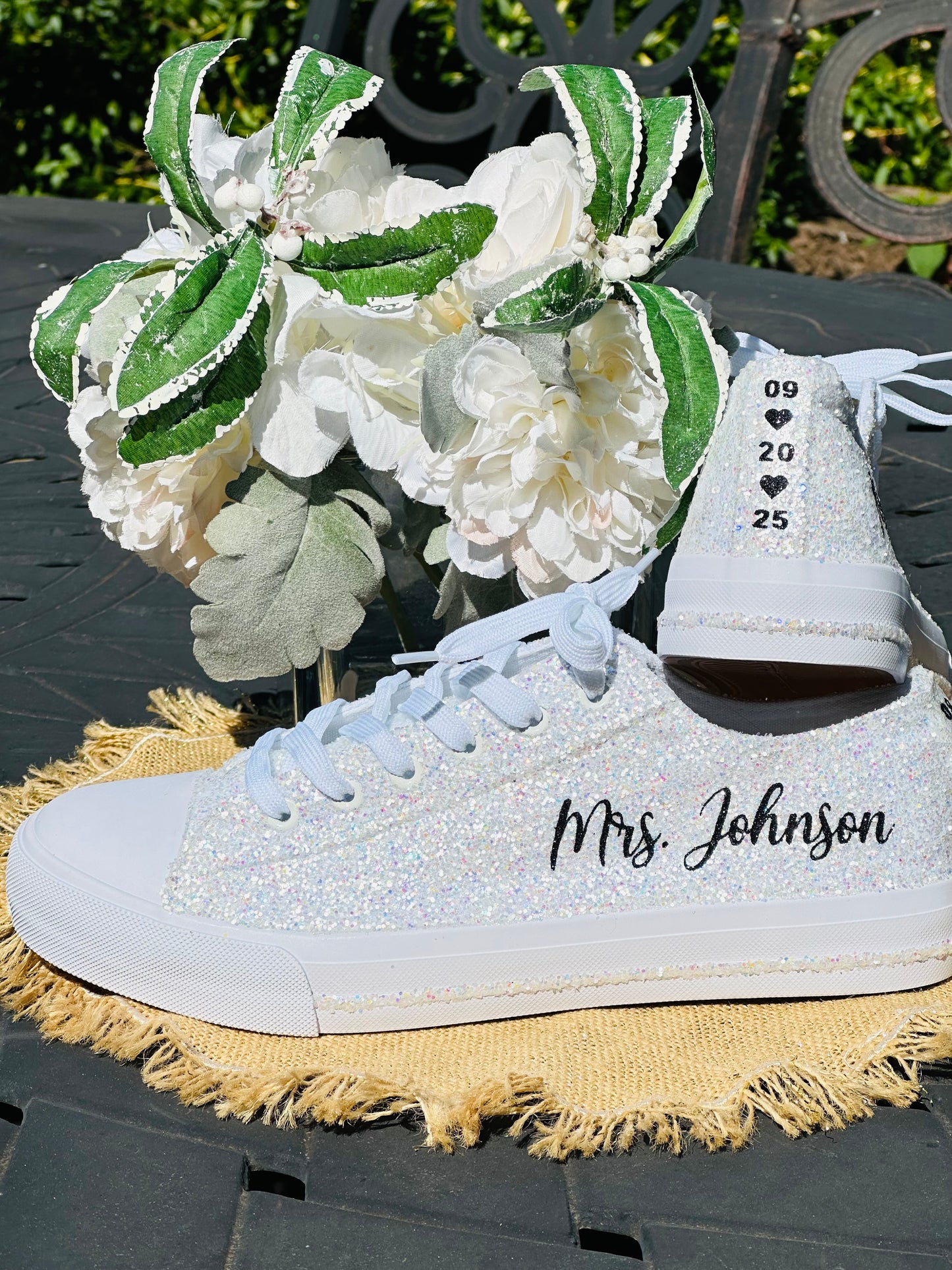 Personalized White Glitter Bride Sneakers with Black Writing