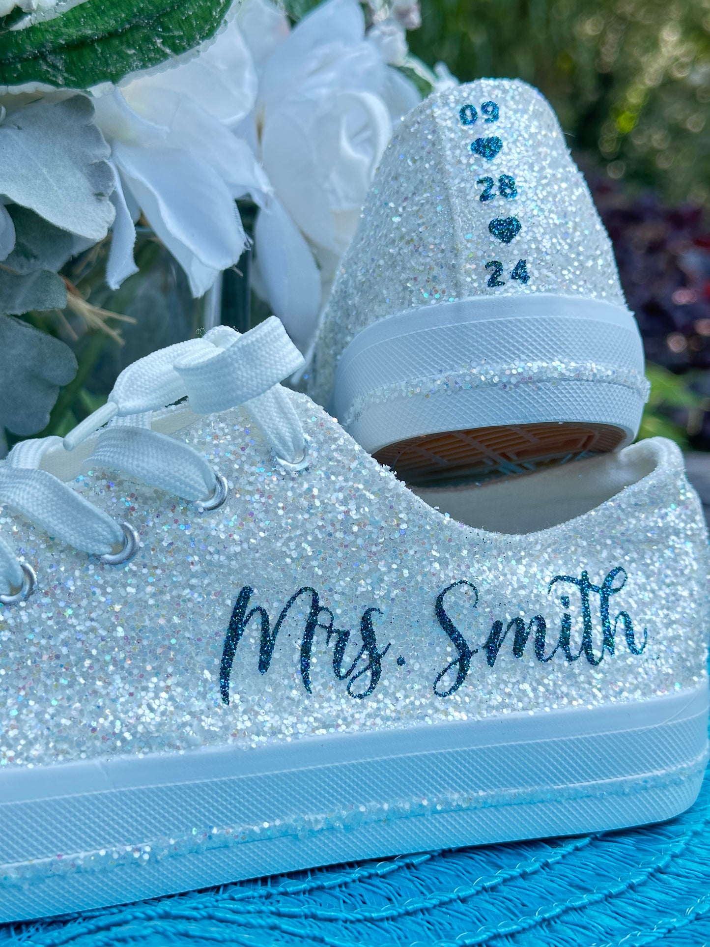 Teal Blue Personalized White Glitter Sneakers