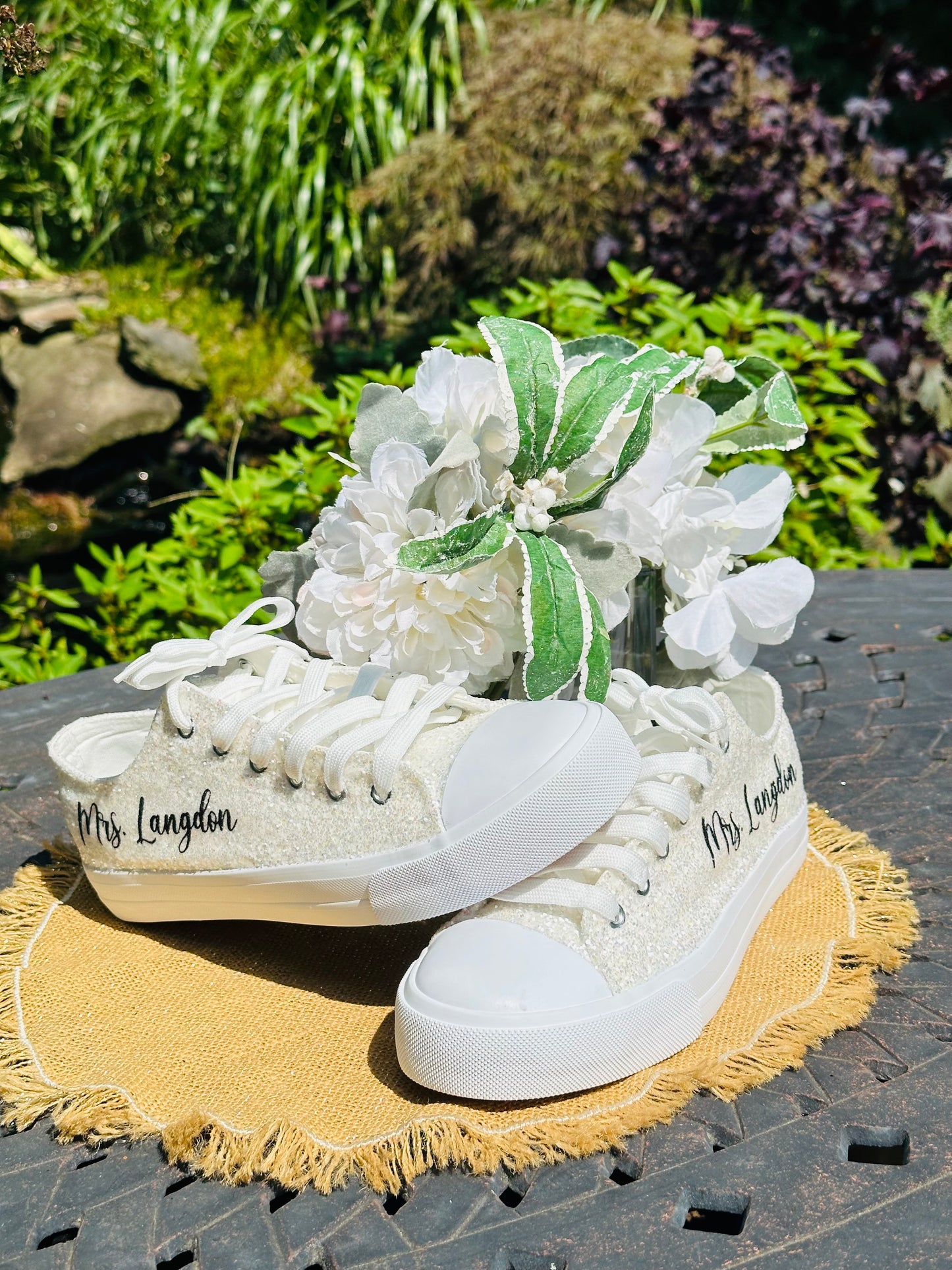 Personalized White Glitter Bride Sneakers with Black Writing