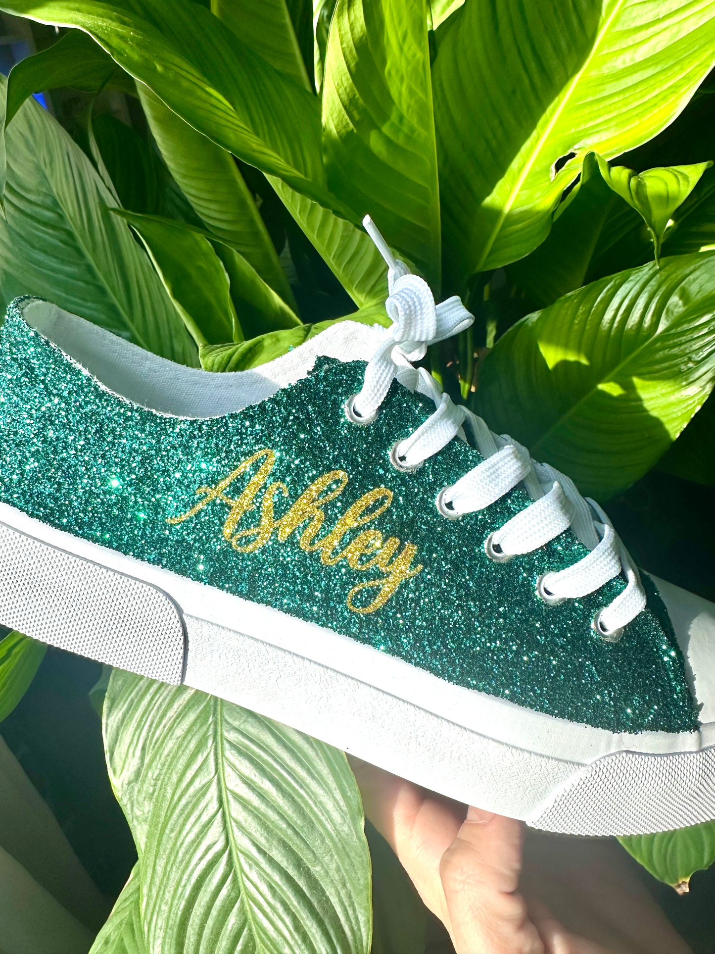 Hunter Green Glitter Wedding Sneakers with Gold Glitter Personalization