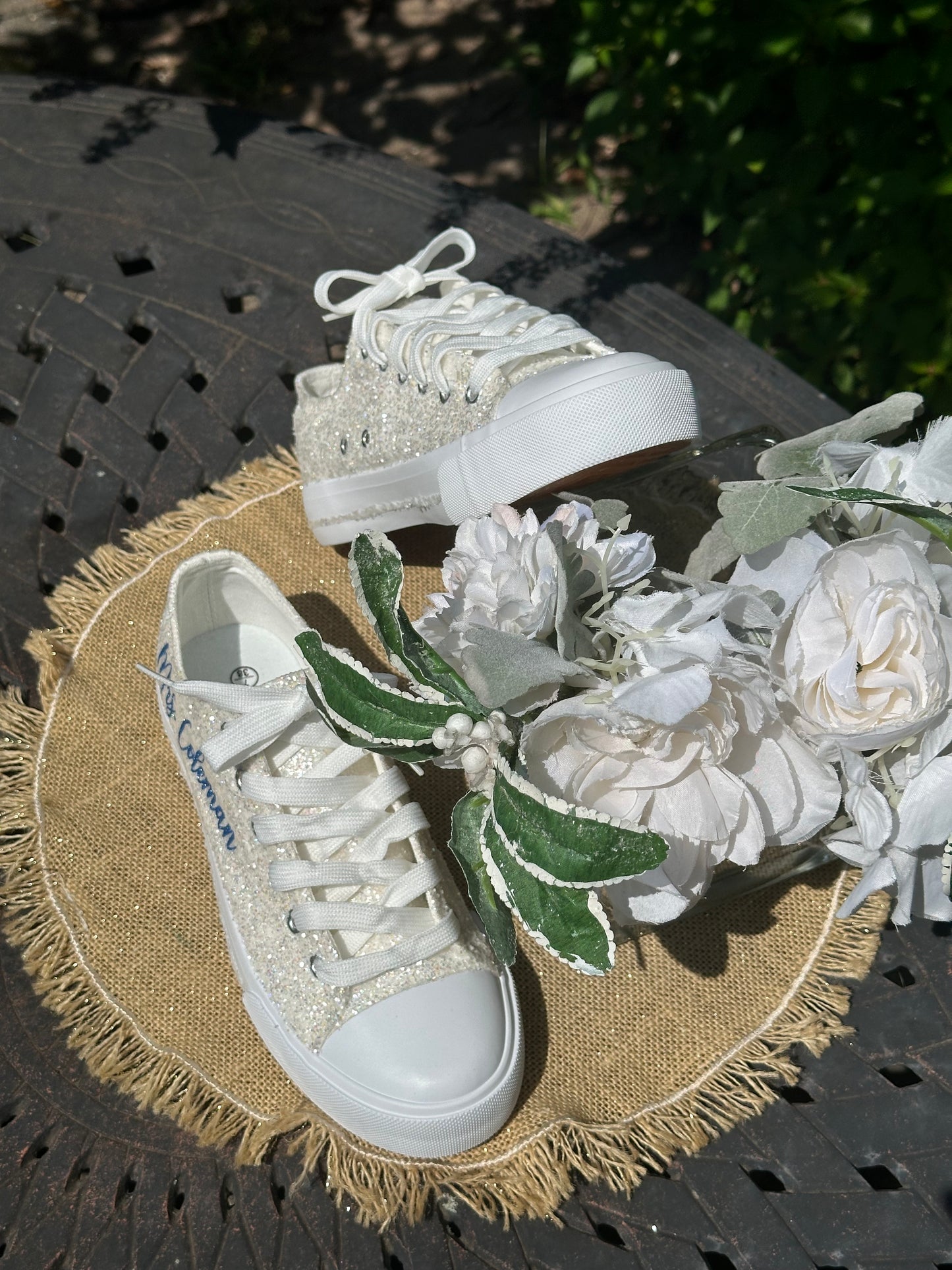 White Glitter Bride Sneakers with Blue Personalized Writing