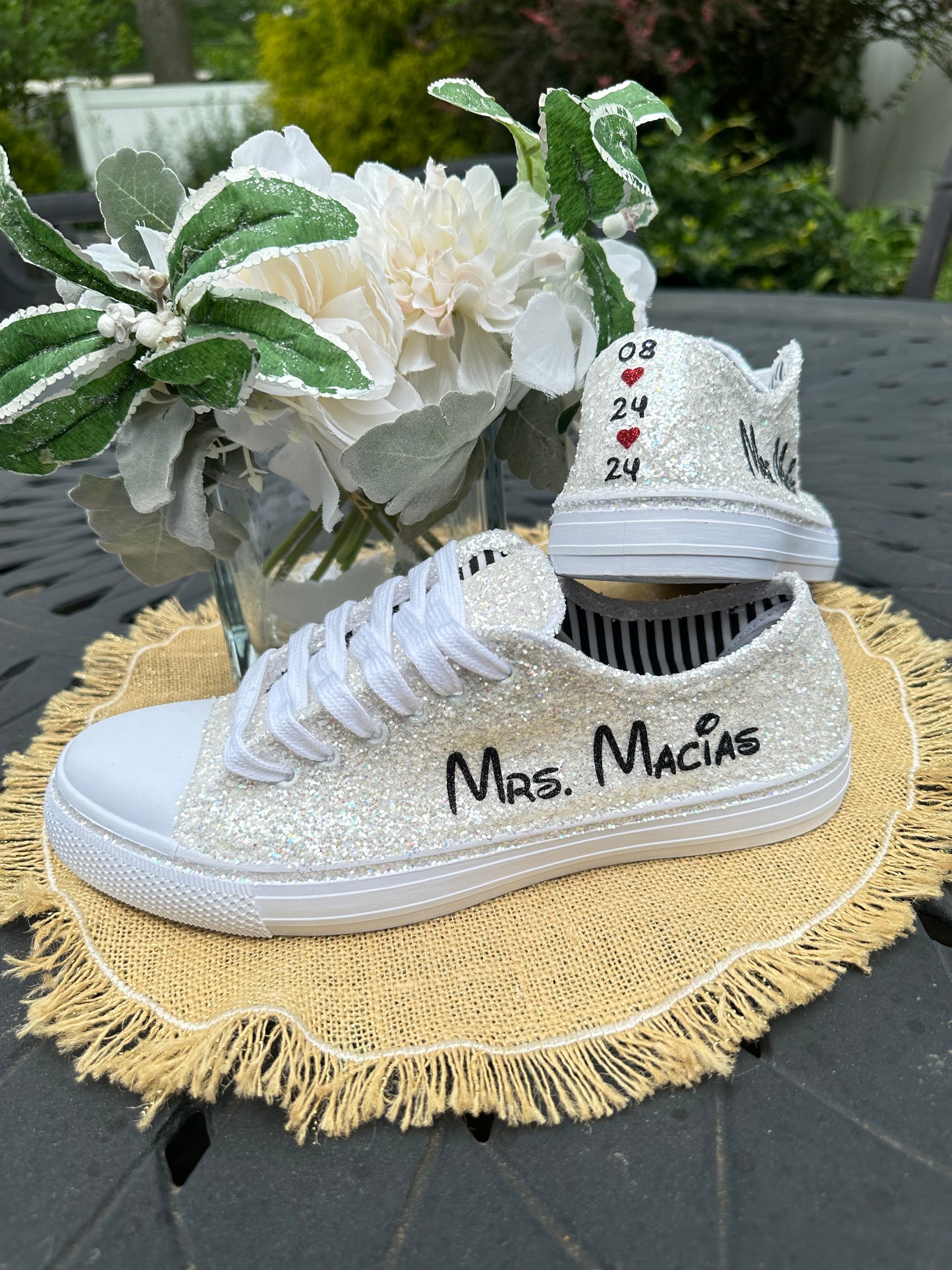 Personalized White Glitter Bride Sneakers with Black Mouse Inspired Writing