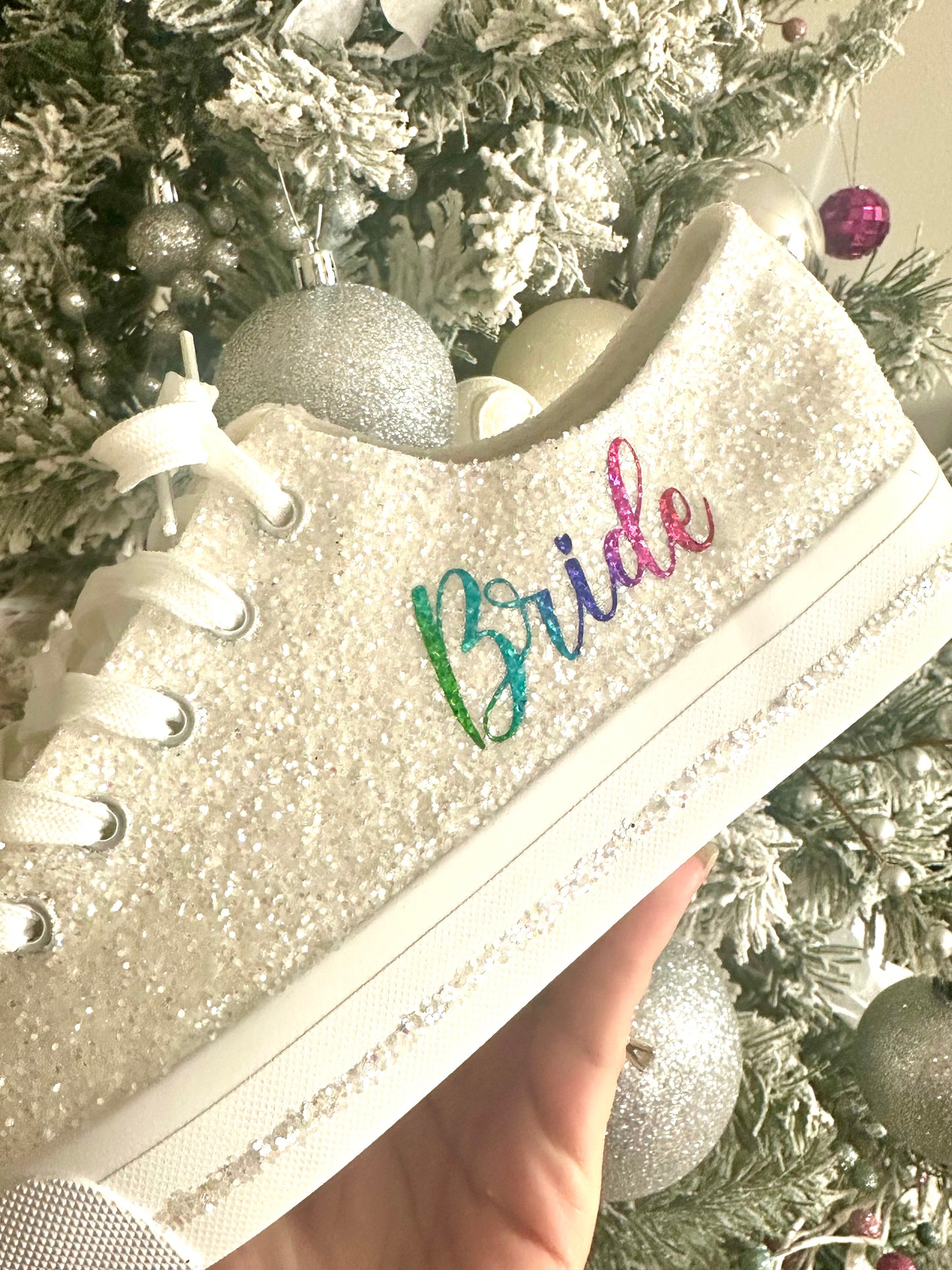 Personalized Rainbow & White Glitter Bride Sneakers