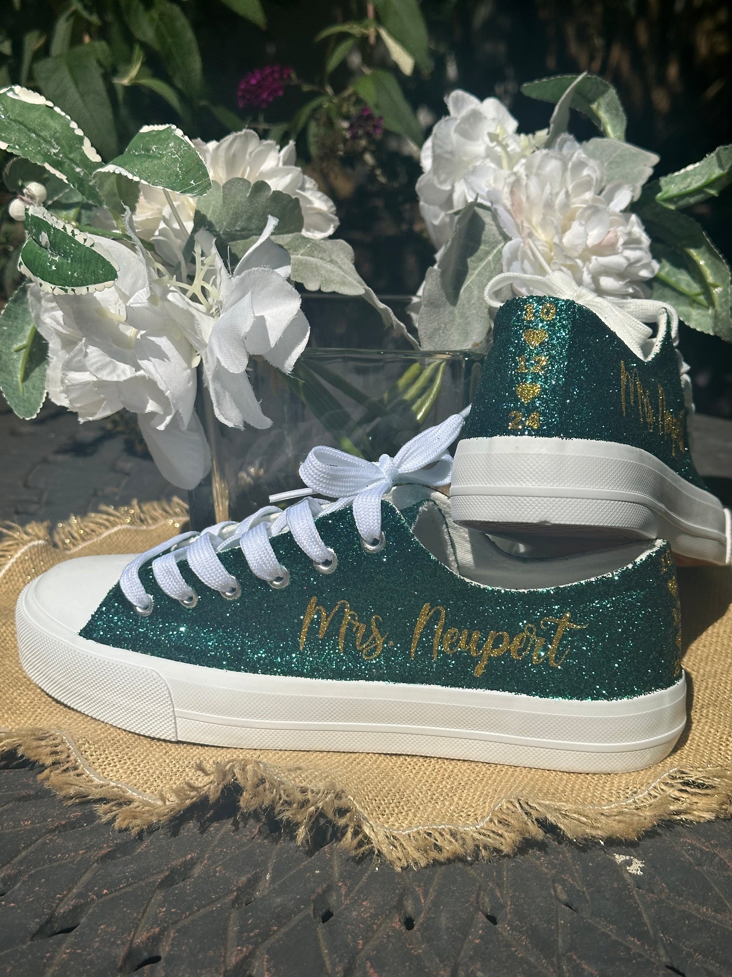 Hunter Green Glitter Wedding Sneakers with Gold Glitter Personalization