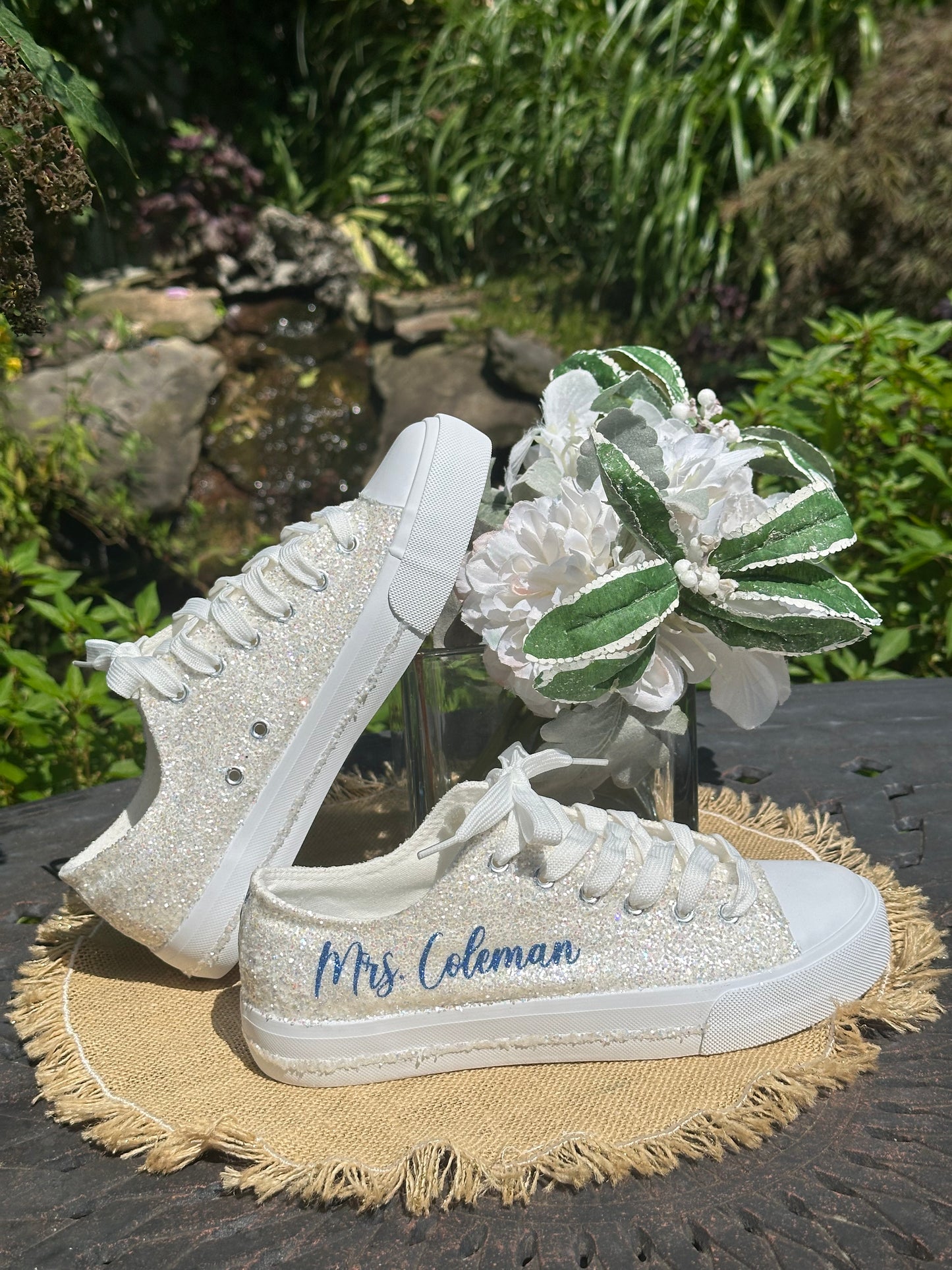 White Glitter Bride Sneakers with Blue Personalized Writing