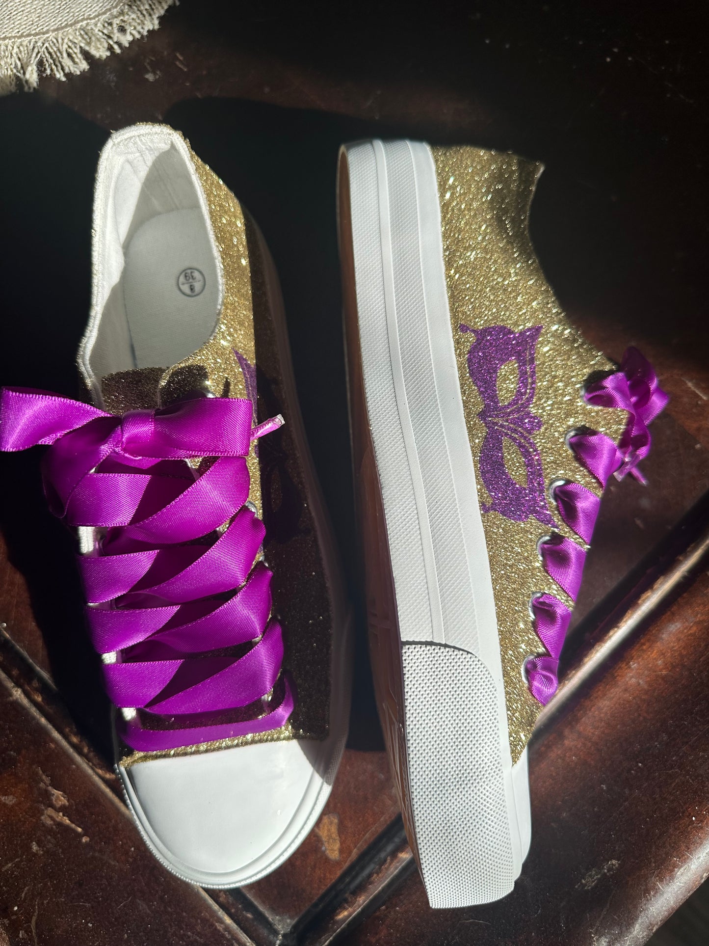 Mardi Gras Gold Masquerade Glitter Sneakers with Purple Ribbon Laces