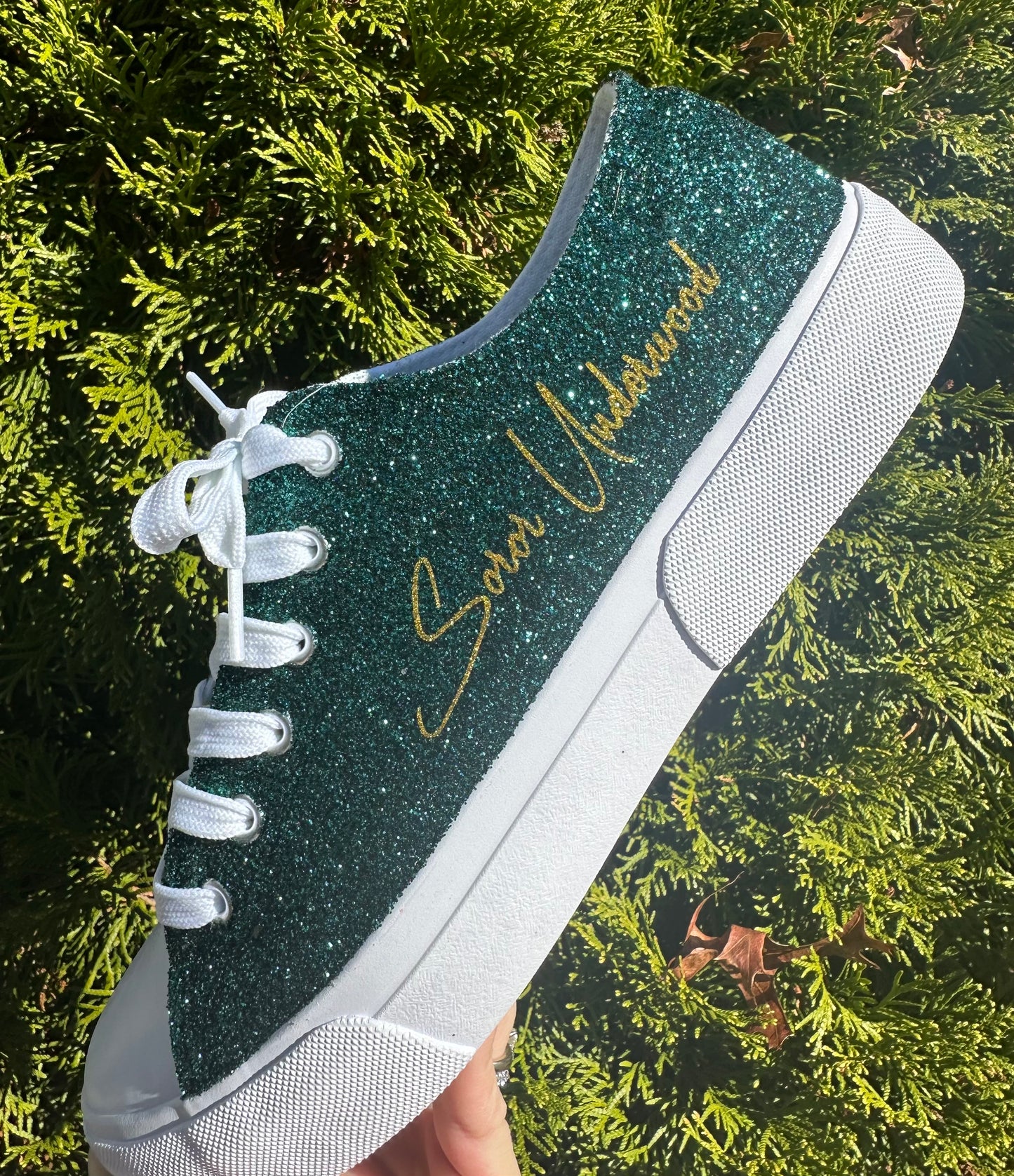 Hunter Green Glitter Wedding Sneakers with Gold Glitter Personalization