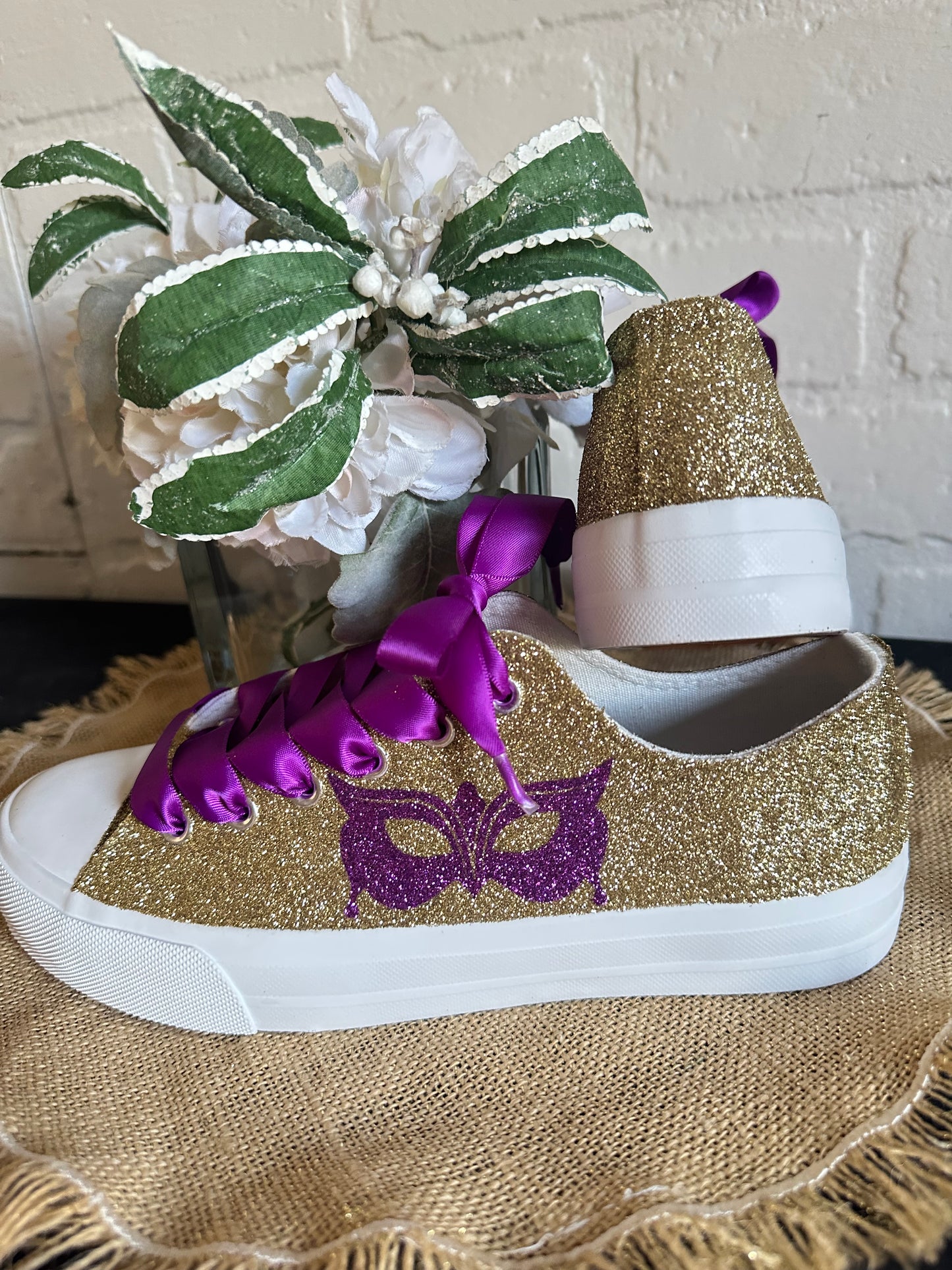 Mardi Gras Gold Masquerade Glitter Sneakers with Purple Ribbon Laces