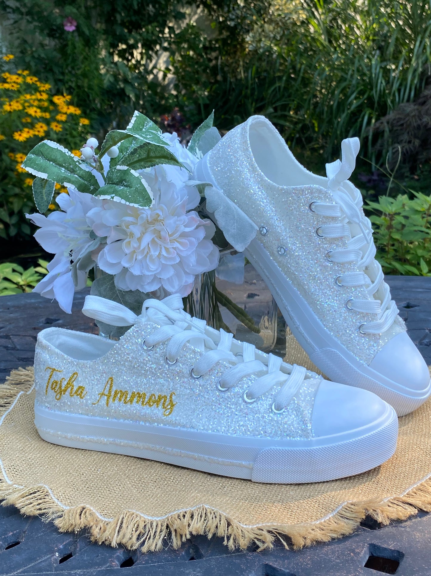 Personalized White Glitter Bride Sneakers with Gold Writing